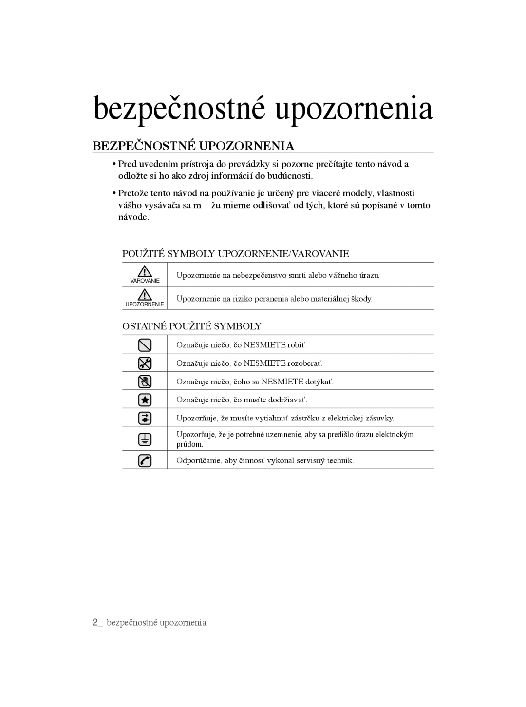 Samsung VCC5635V3G/XEH, VCC5670V3W/XEH, VCC5670V3K/BOL, VCC5630V3B/XEH Bezpečnostné upozornenia, Bezpečnostné Upozornenia 