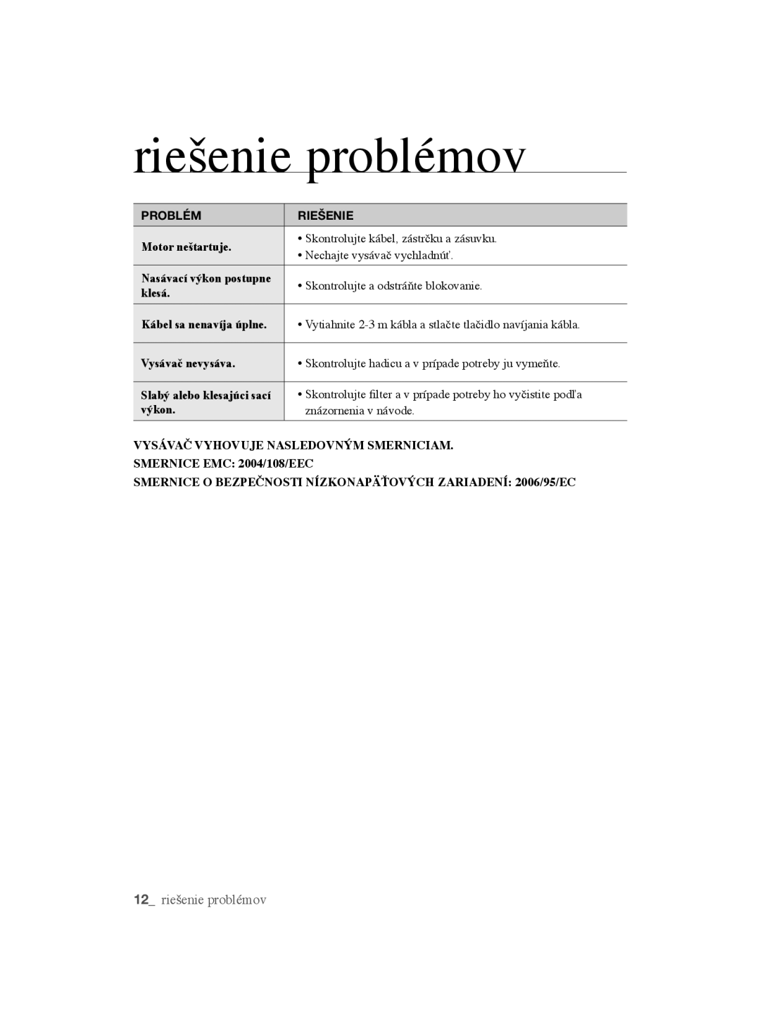 Samsung VCC5670V3W/XEH, VCC5670V3K/BOL, VCC5635V3G/XEH, VCC5630V3B/XEH, VCC5635V3K/XEH Riešenie problémov, Problém Riešenie 