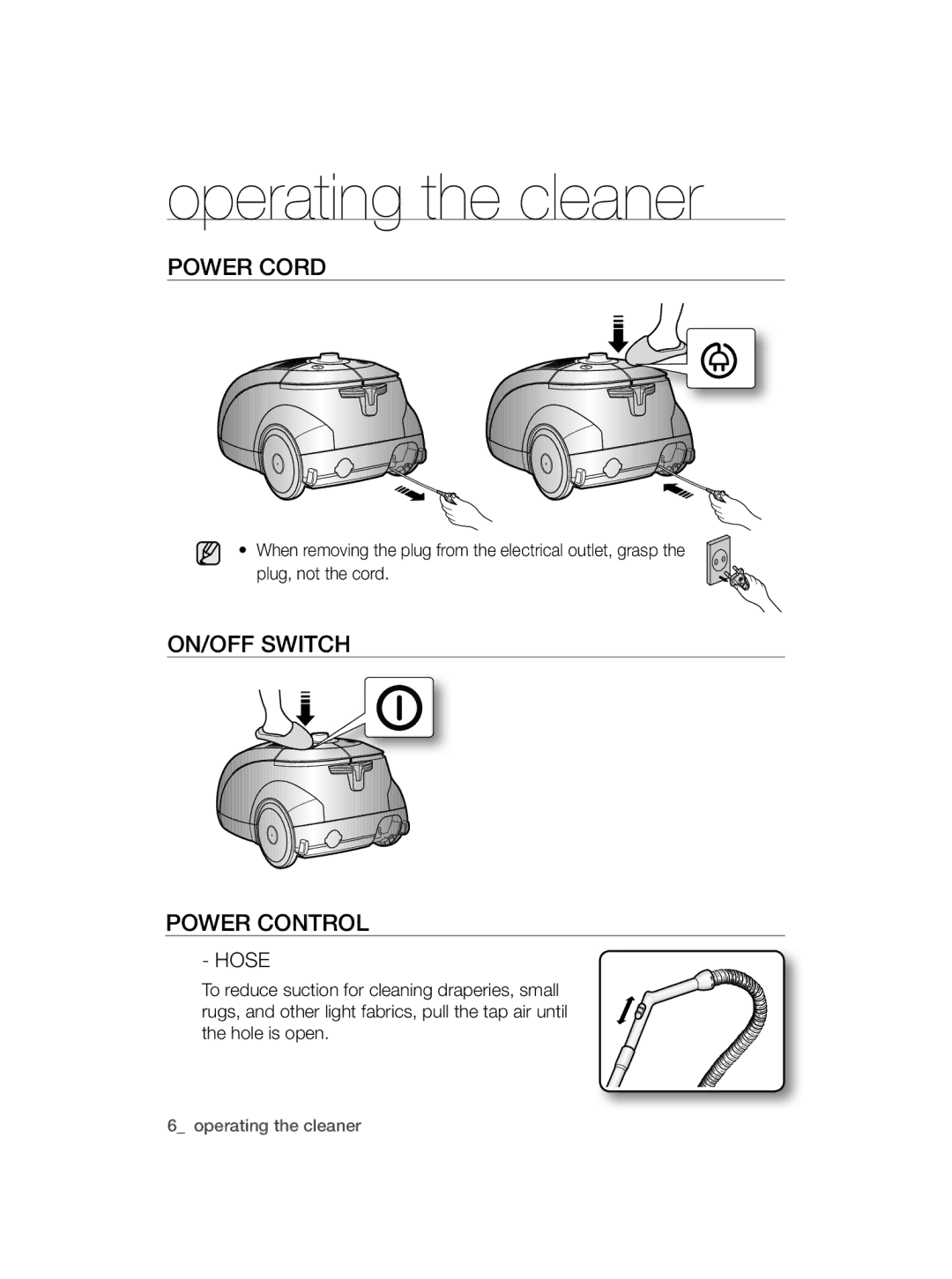 Samsung VCC56B0S3R/EGT, VCC56B0S38/TWL, VCC5610S3R/EGT manual Operating the cleaner, POwER cORD, On/off switch Power control 