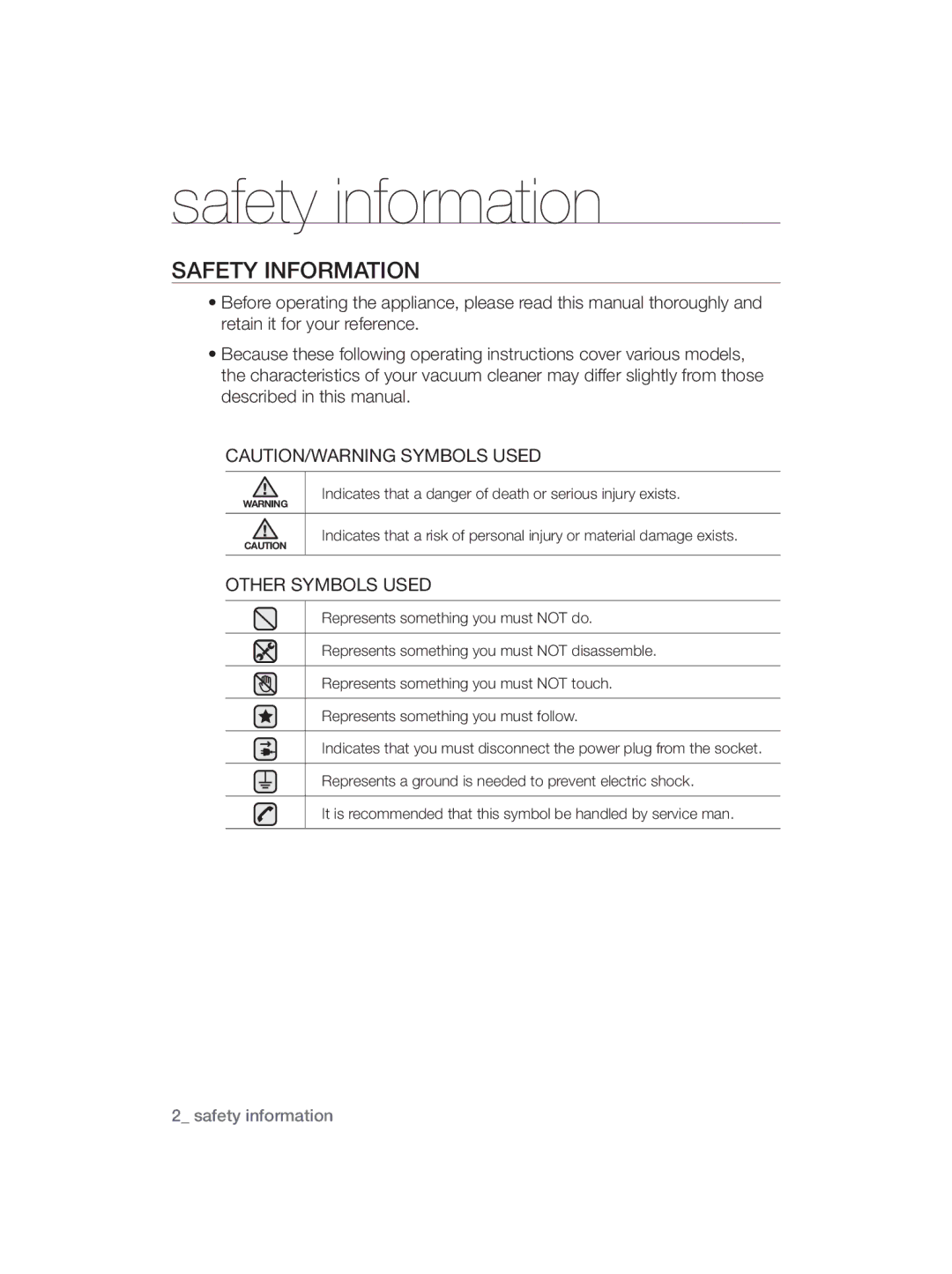 Samsung VCC5675V3A/KGT, VCC56B0S38/TWL, VCC5610S3R/EGT, VCC56B0S3R/DWP, VCC56B0S47/ATC Safety information, Safety Information 