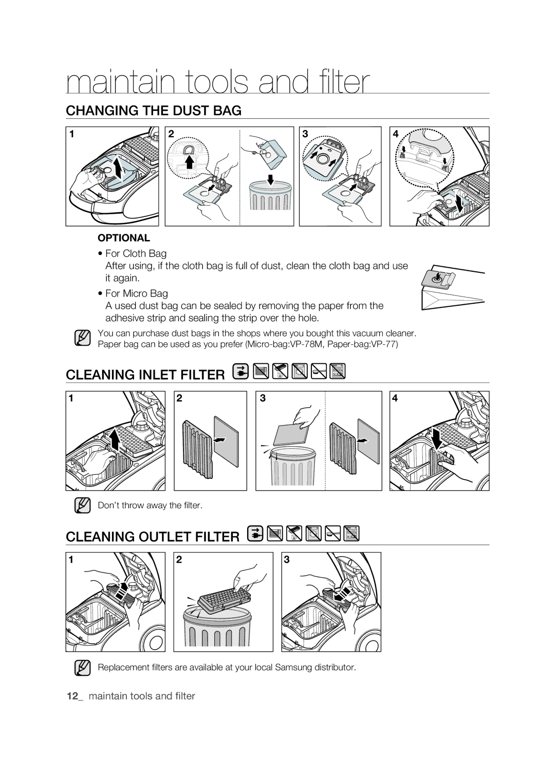 Samsung VCC6140V4B/XME manual Changing the dust bag, Cleaning inlet filter, Cleaning outlet filter 