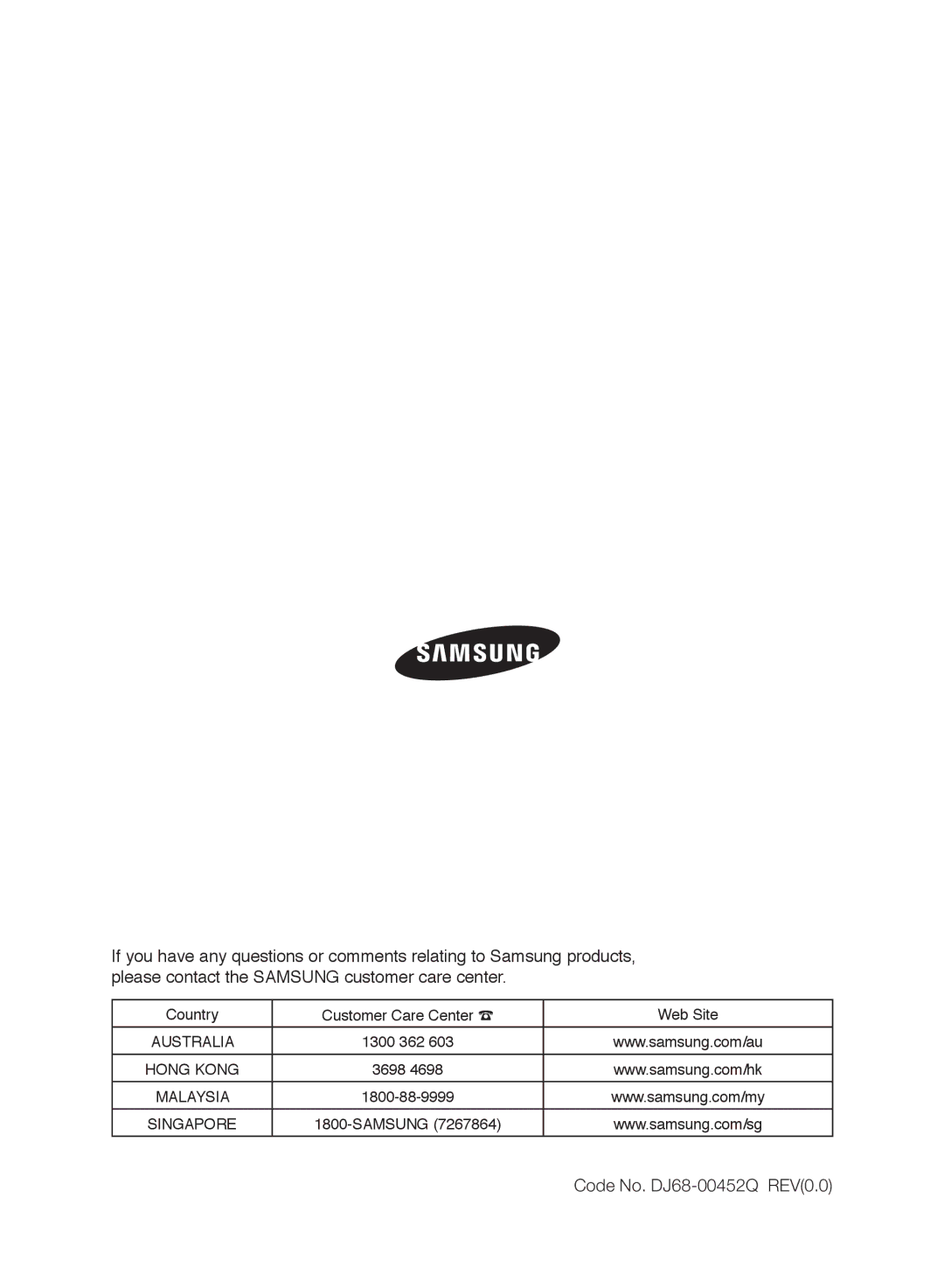 Samsung VCC6140V4B/XME manual Code No. DJ68-00452Q REV0.0 