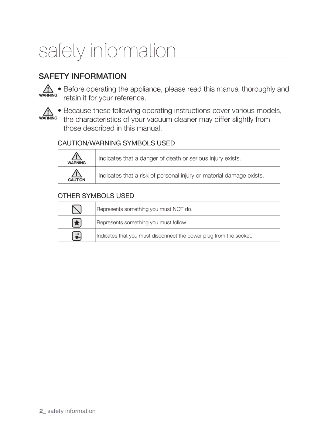 Samsung VCC6140V4B/XME manual Safety information, Safety Information 