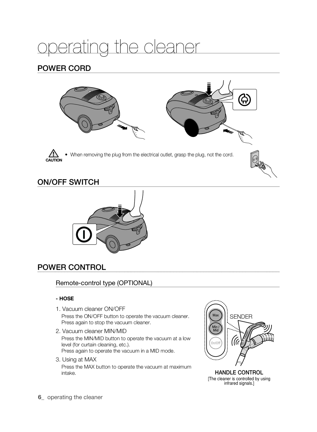 Samsung VCC6140V4B/XME manual Operating the cleaner, Power cord, On/off switch Power control, Remote-control type Optional 