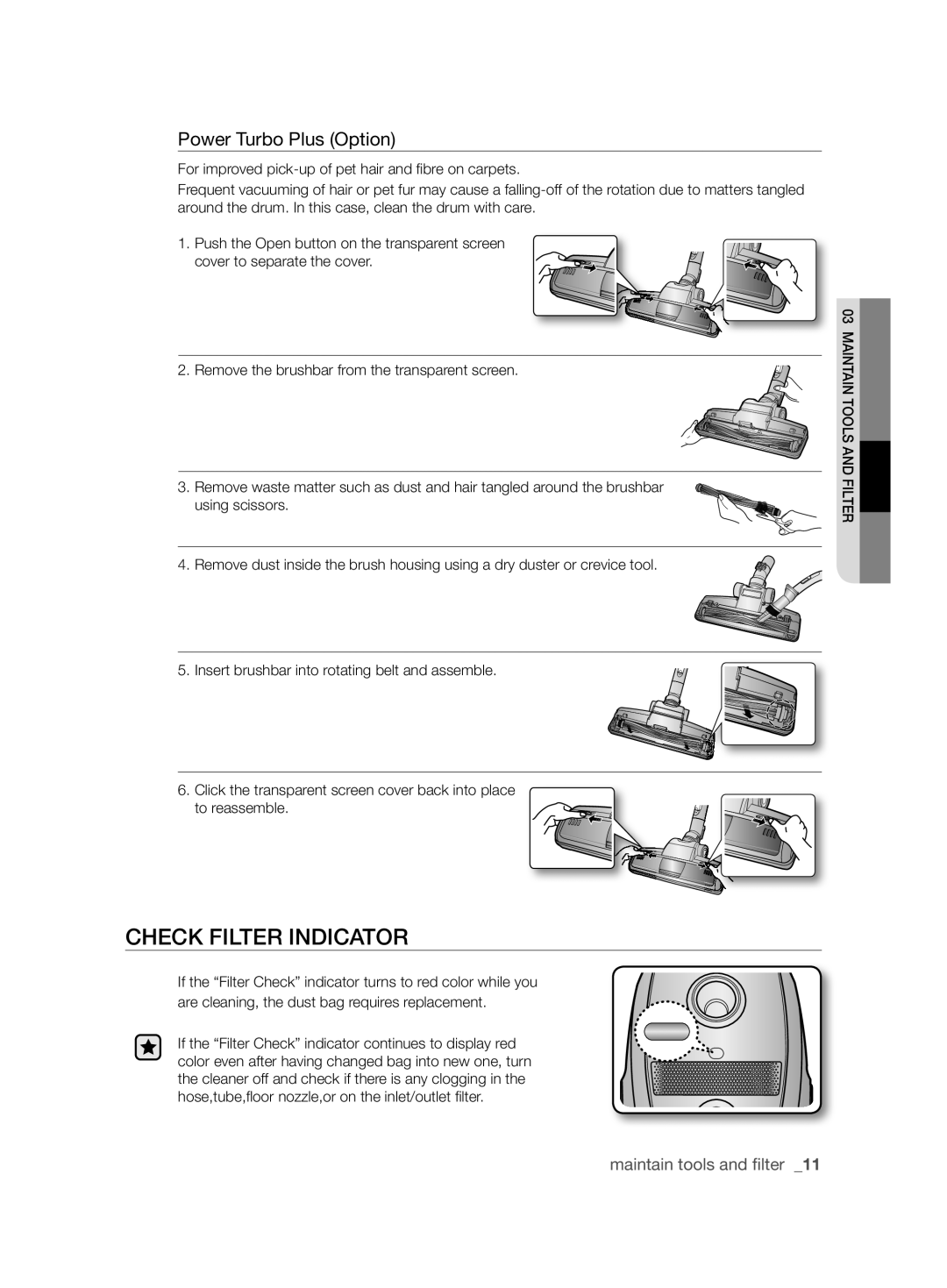 Samsung VCC6145V3R/UMG manual Check Filter Indicator, Power Turbo Plus Option 