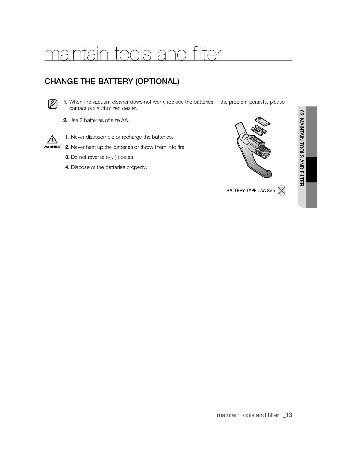 Samsung VCC6145V3R/UMG manual Change the Battery Optional 