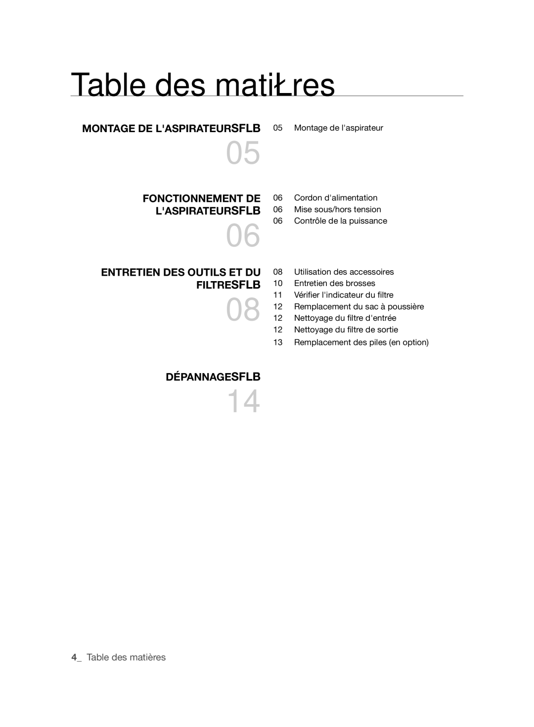 Samsung VCC6145V3R/UMG manual Table des matières, Filtresflb 