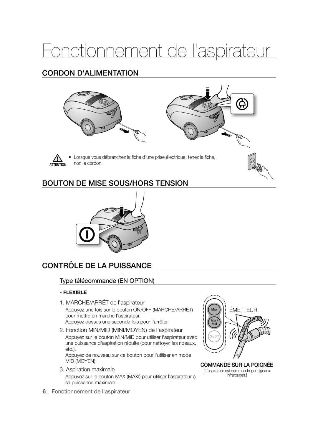 Samsung VCC6145V3R/UMG manual Fonctionnement de laspirateur, Cordon Dalimentation, Type télécommande EN Option 