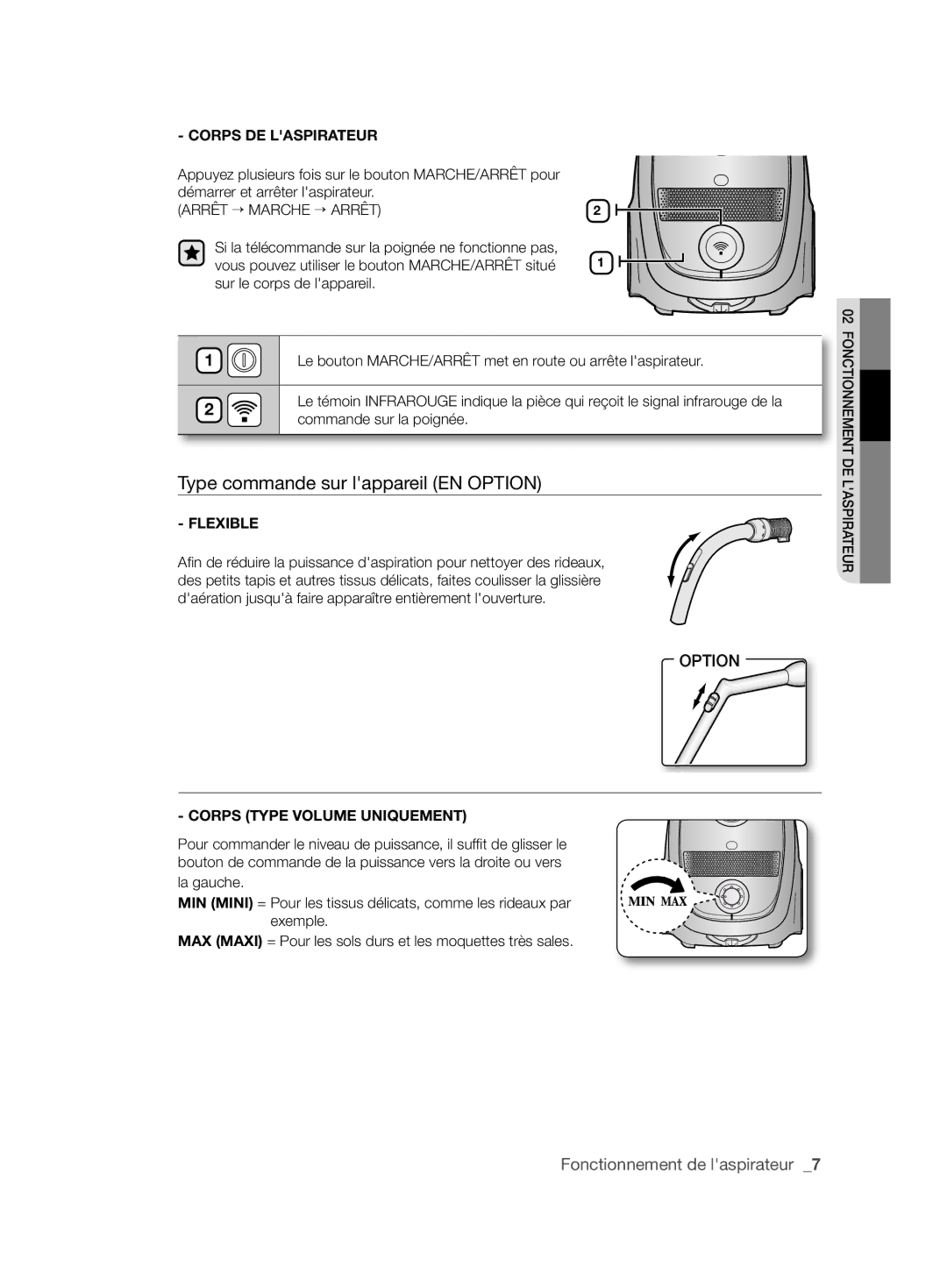 Samsung VCC6145V3R/UMG manual Type commande sur lappareil EN Option, Corps DE Laspirateur 