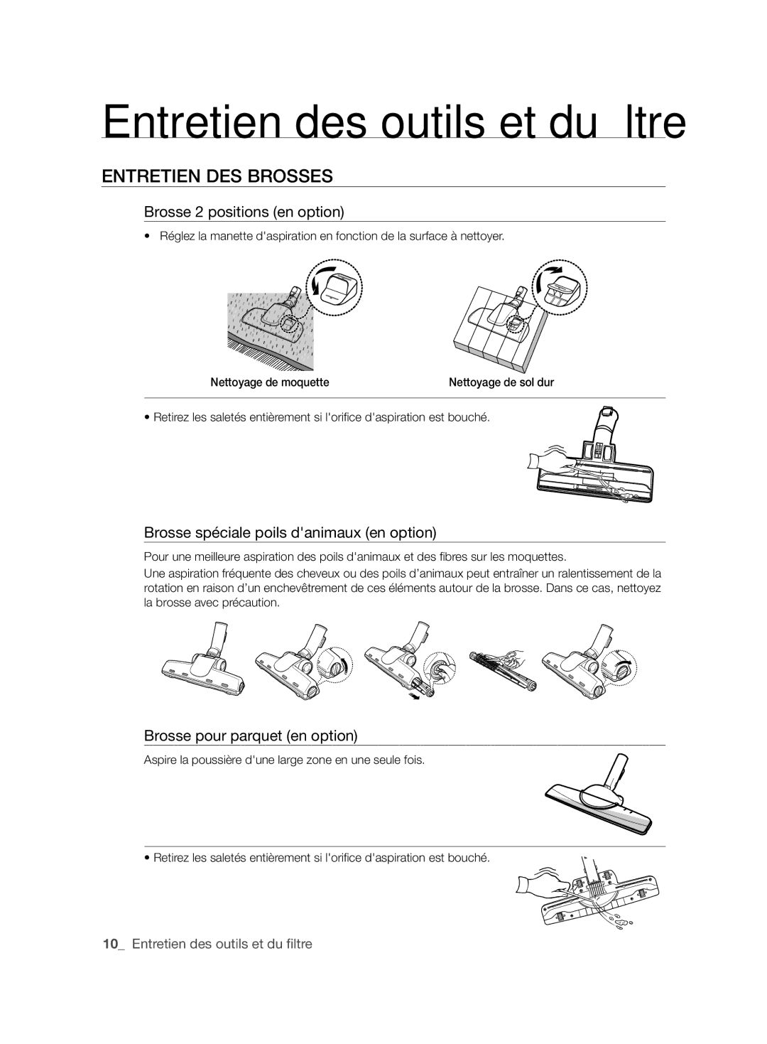 Samsung VCC6145V3R/UMG manual Entretien DES Brosses, Brosse 2 positions en option, Brosse spéciale poils danimaux en option 