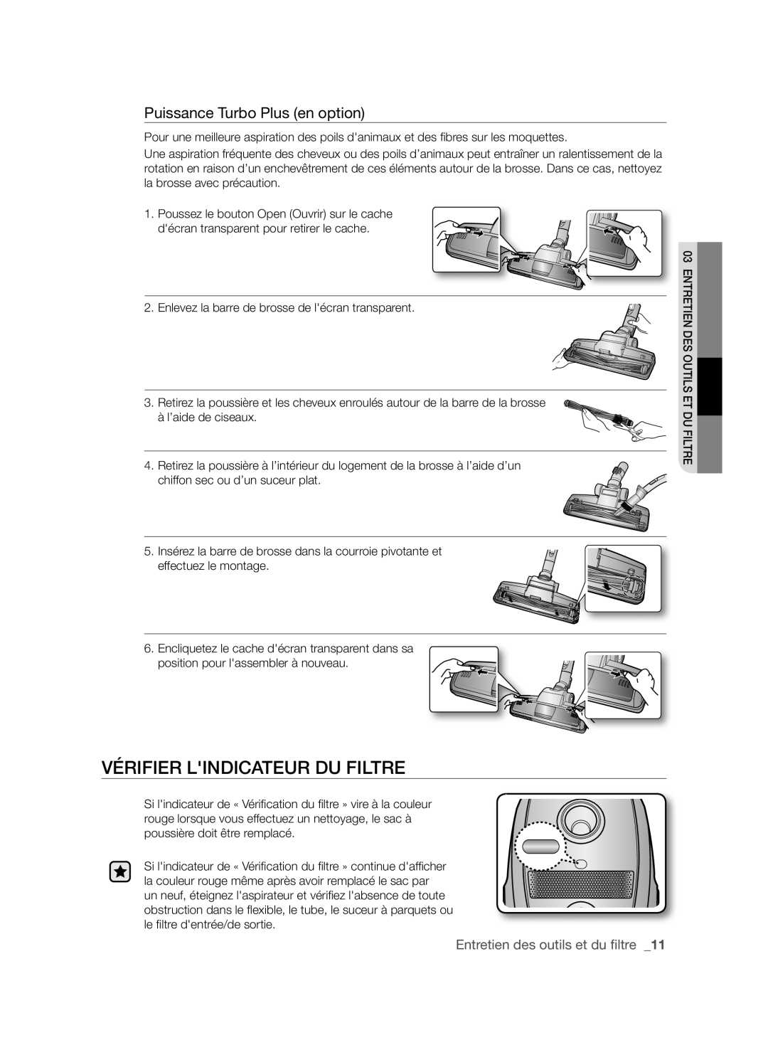 Samsung VCC6145V3R/UMG manual Vérifier Lindicateur DU Filtre, Puissance Turbo Plus en option 