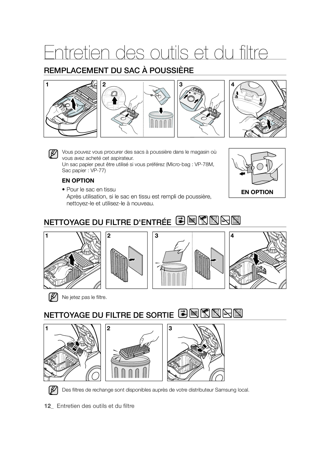 Samsung VCC6145V3R/UMG manual Remplacement DU SAC À Poussière, Nettoyage DU Filtre Dentrée, Nettoyage DU Filtre DE Sortie 