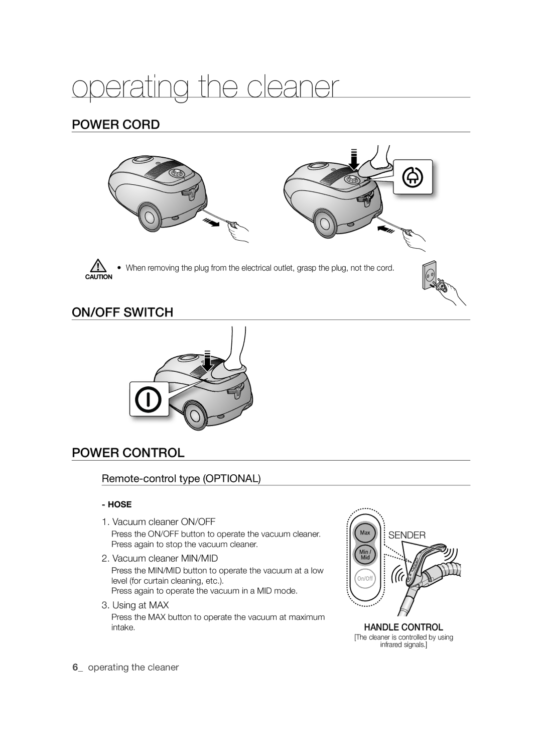 Samsung VCC6145V3R/UMG manual Operating the cleaner, Power Cord, ON/OFF Switch Power Control, Remote-control type Optional 