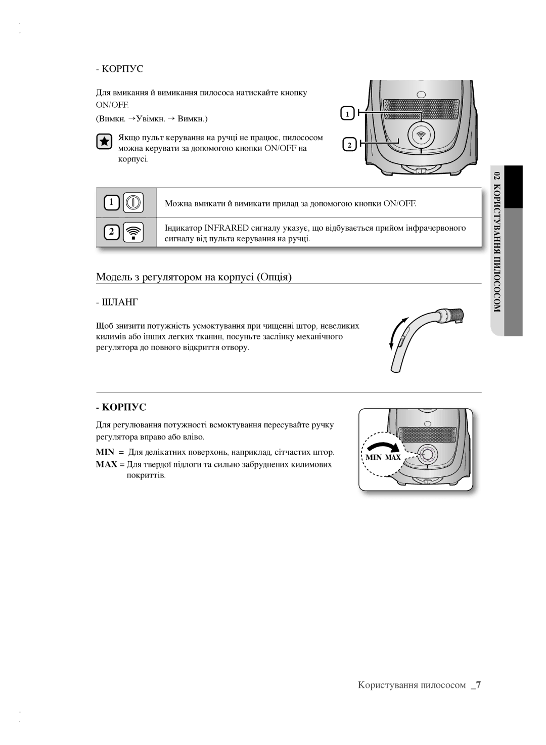 Samsung VCC6161H3K/XEV, VCC6160H3R/XSB, VCC6140V3B/XSB, VCC6160H3A/XEV manual Модель з регулятором на корпусі Oпцiя, Корпус 