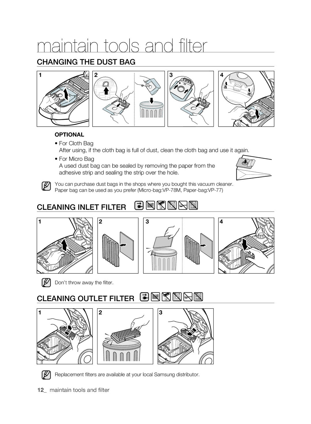 Samsung VCC6188H3K/XSB, VCC6160H3R/XSB, VCC6140V3B/XSB, VCC6141V3A/XSB, VCC6178V3R/XSB manual Cleaning inlet filter 