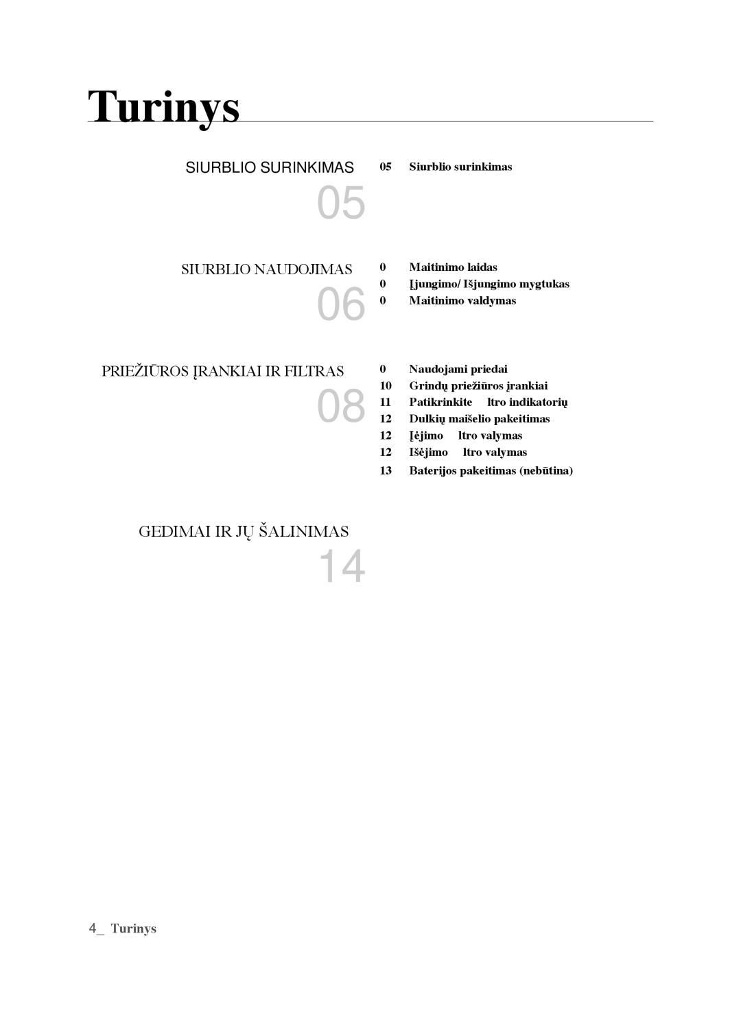 Samsung VCC6188H3K/XSB, VCC6160H3R/XSB, VCC6140V3B/XSB manual Turinys, SIurBLIO NAuDOjIMAS PrIEžIŪrOS ĮrANkIAI Ir fILtrAS 