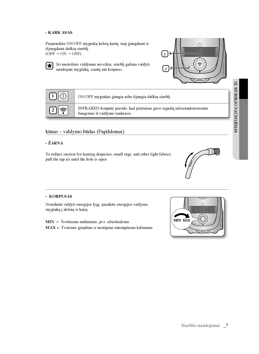 Samsung VCC6160H3R/XSB, VCC6140V3B/XSB, VCC6188H3K/XSB, VCC6141V3A/XSB manual Kūnas valdymo būdas Papildomai, Kark Asas 