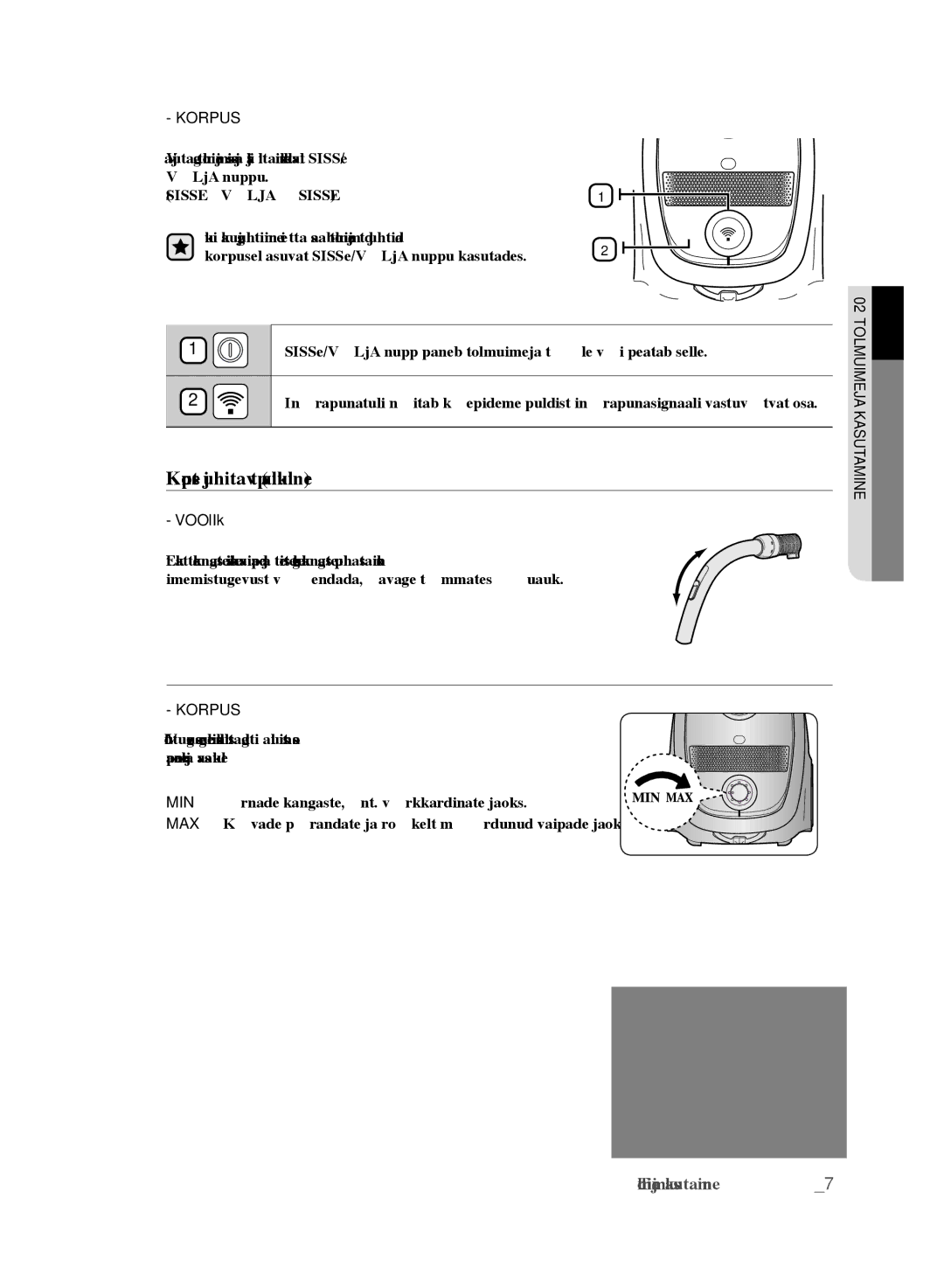 Samsung VCC6178V3R/XSB, VCC6160H3R/XSB, VCC6140V3B/XSB, VCC6188H3K/XSB manual Korpusest juhitav tüüp valikuline, KOrpUS 