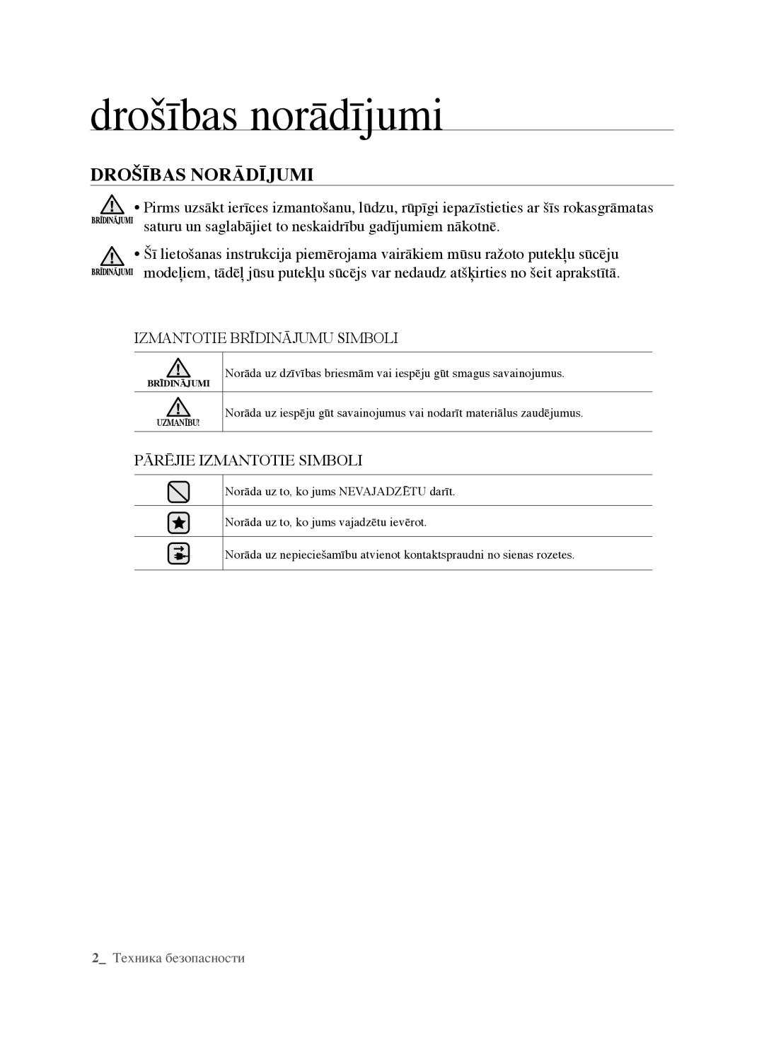 Samsung VCC6141V3A/XSB, VCC6160H3R/XSB, VCC6140V3B/XSB, VCC6188H3K/XSB manual Drošības norādījumi, DrošīBaS norāDījuMi 