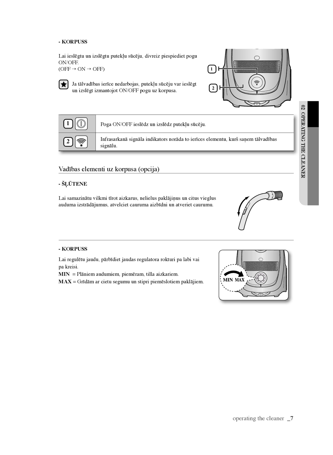 Samsung VCC6141V3A/XSB, VCC6160H3R/XSB, VCC6140V3B/XSB, VCC6188H3K/XSB manual Vadības elementi uz korpusa opcija, KOrPuSS 