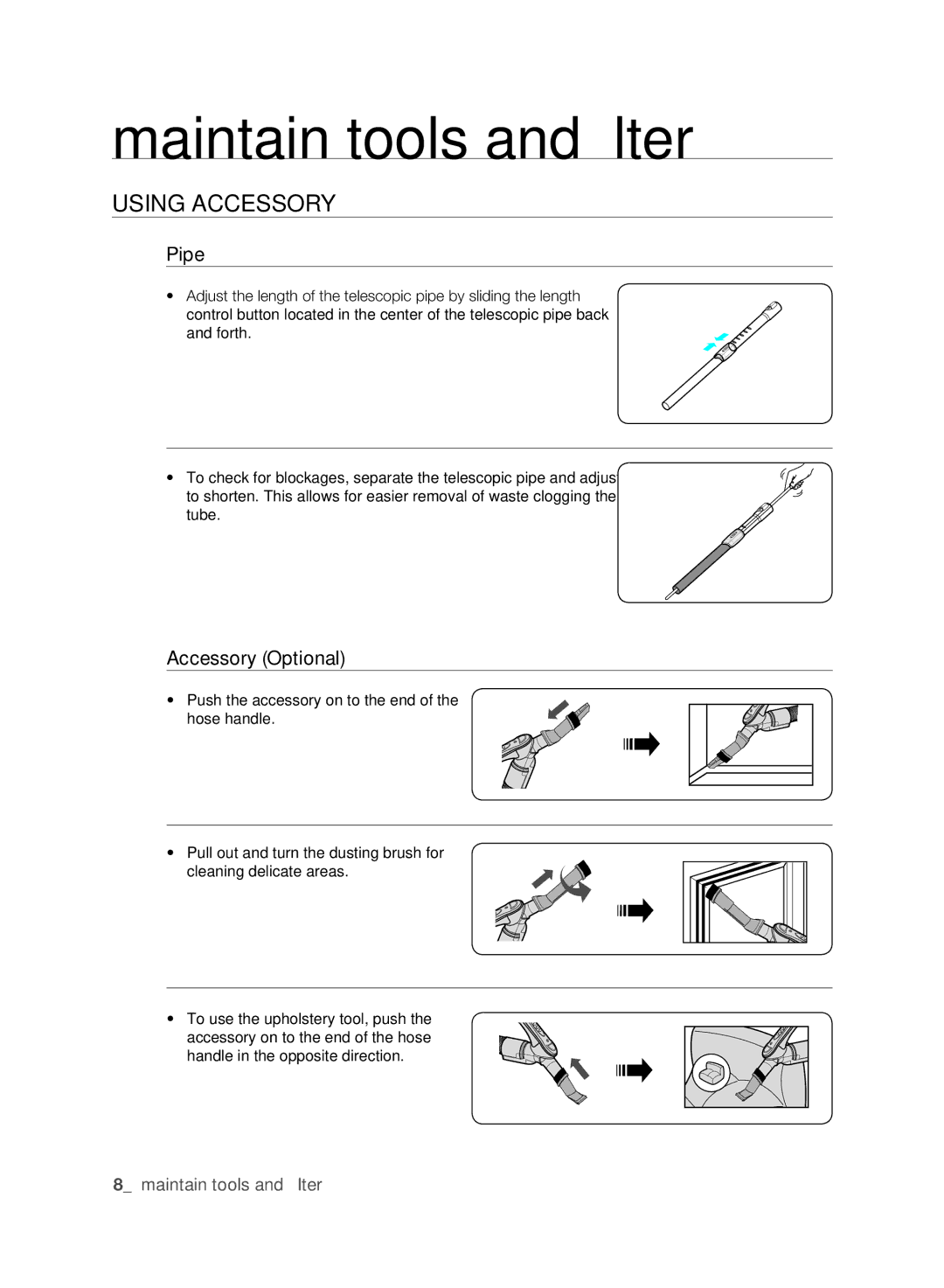 Samsung VCC6141V3A/XSB, VCC6160H3R/XSB, VCC6140V3B/XSB, VCC6188H3K/XSB, VCC6178V3R/XSB manual Maintain tools and filter 