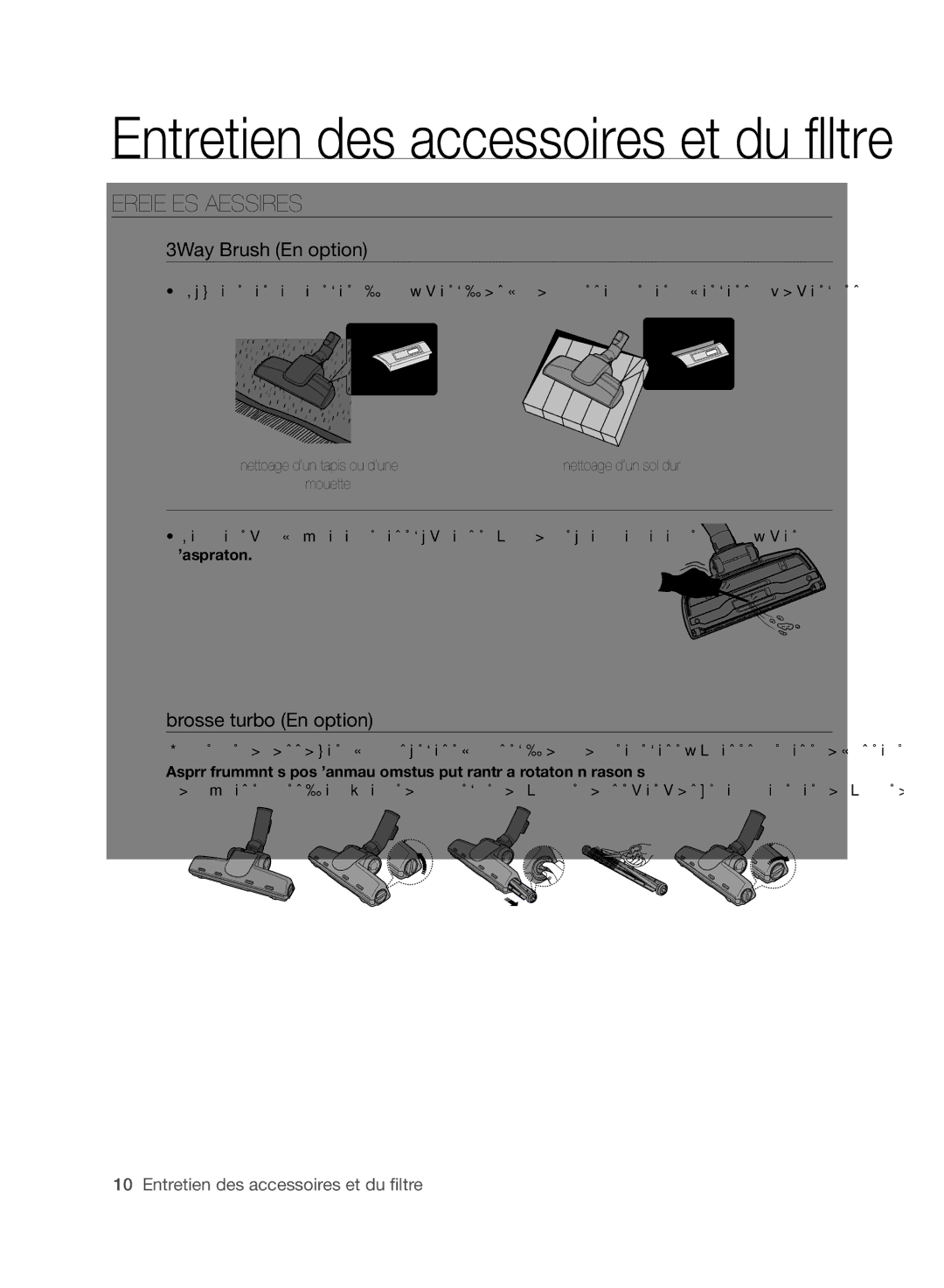 Samsung VCC6170V3A/XEF manual Entretien DES ACCESSoIRES, 3Way Brush En option, Brosse turbo En option 