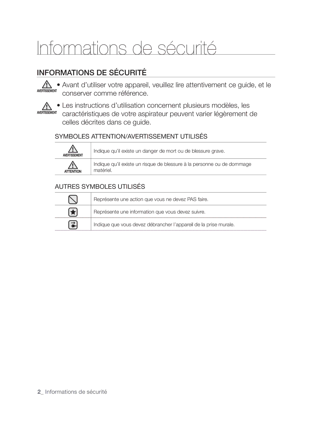 Samsung VCC6170V3A/XEF manual Informations de sécurité, INFoRMATIoNS DE SéCURITé 