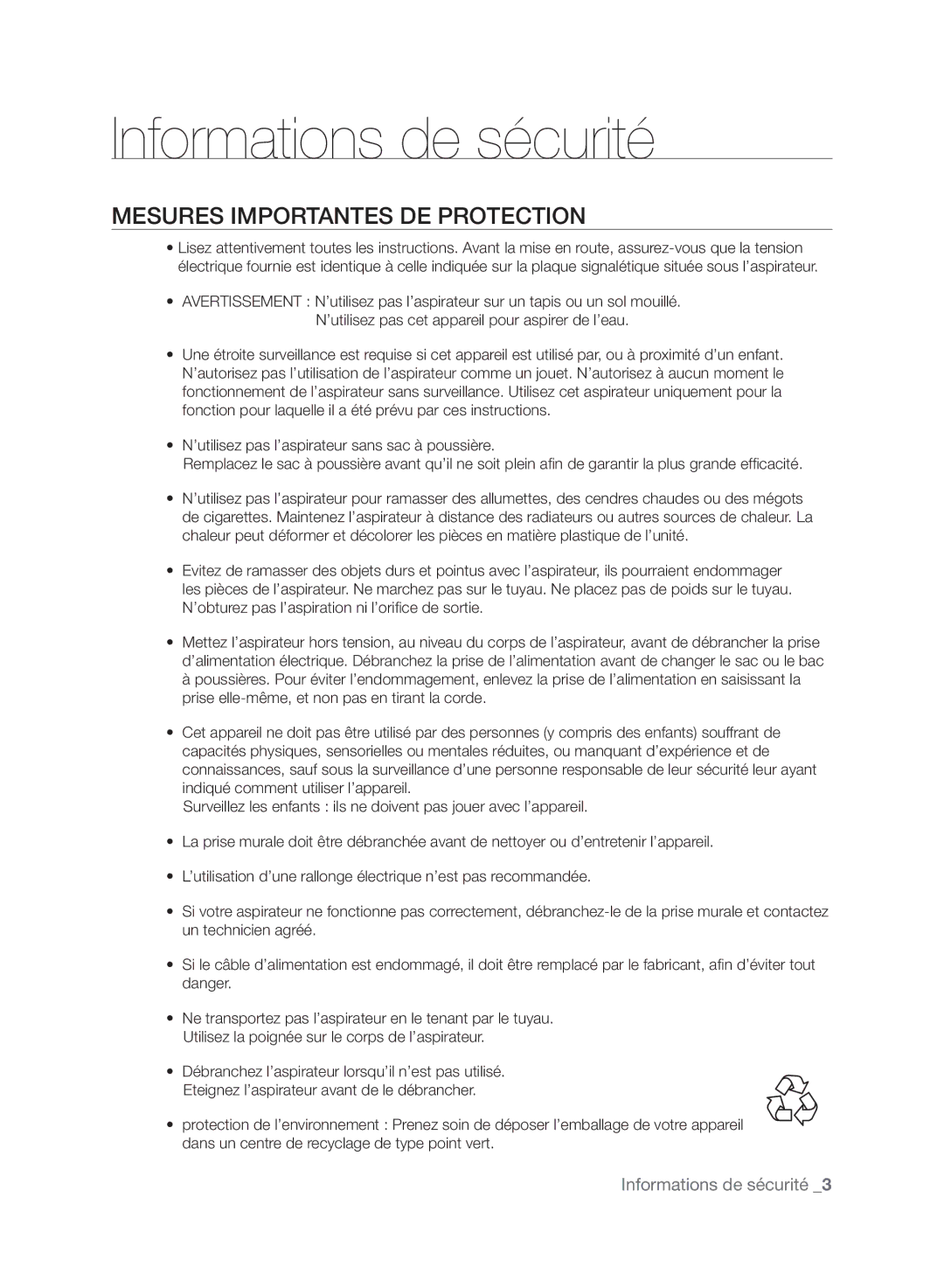 Samsung VCC6170V3A/XEF manual Mesures IMPoRTANTES DE PRoTECTIoN 