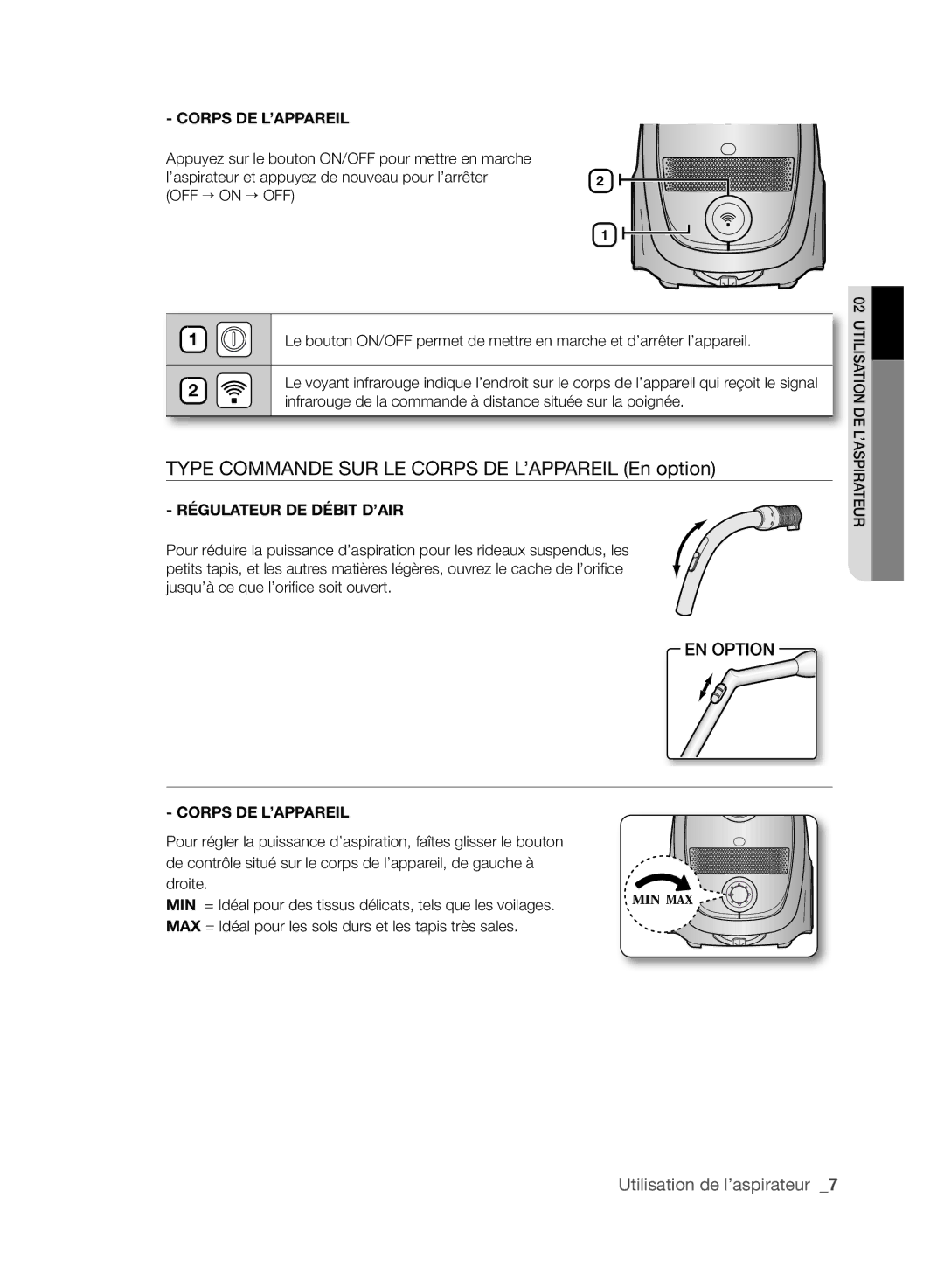 Samsung VCC6170V3A/XEF manual Type Commande SUR LE Corps DE L’APPAREIL En option 