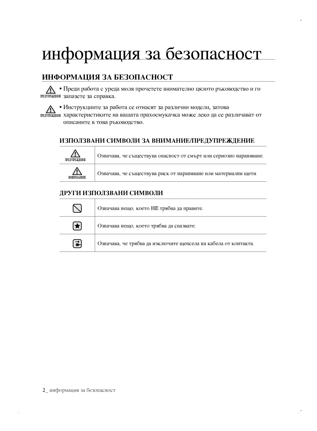 Samsung VCC6170V31/BOL, VCC6170V3R/XEH, VCC61B0H3K/BOL, VCC6171V3R/BOL Информация за безопасност, Информация ЗА Безопасност 