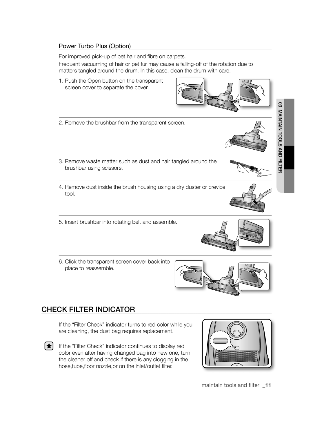 Samsung VCC6170V31/XEO, VCC6170V3R/XEH, VCC61B0H3K/BOL, VCC6170V31/BOL manual Check Filter Indicator, Power Turbo Plus Option 