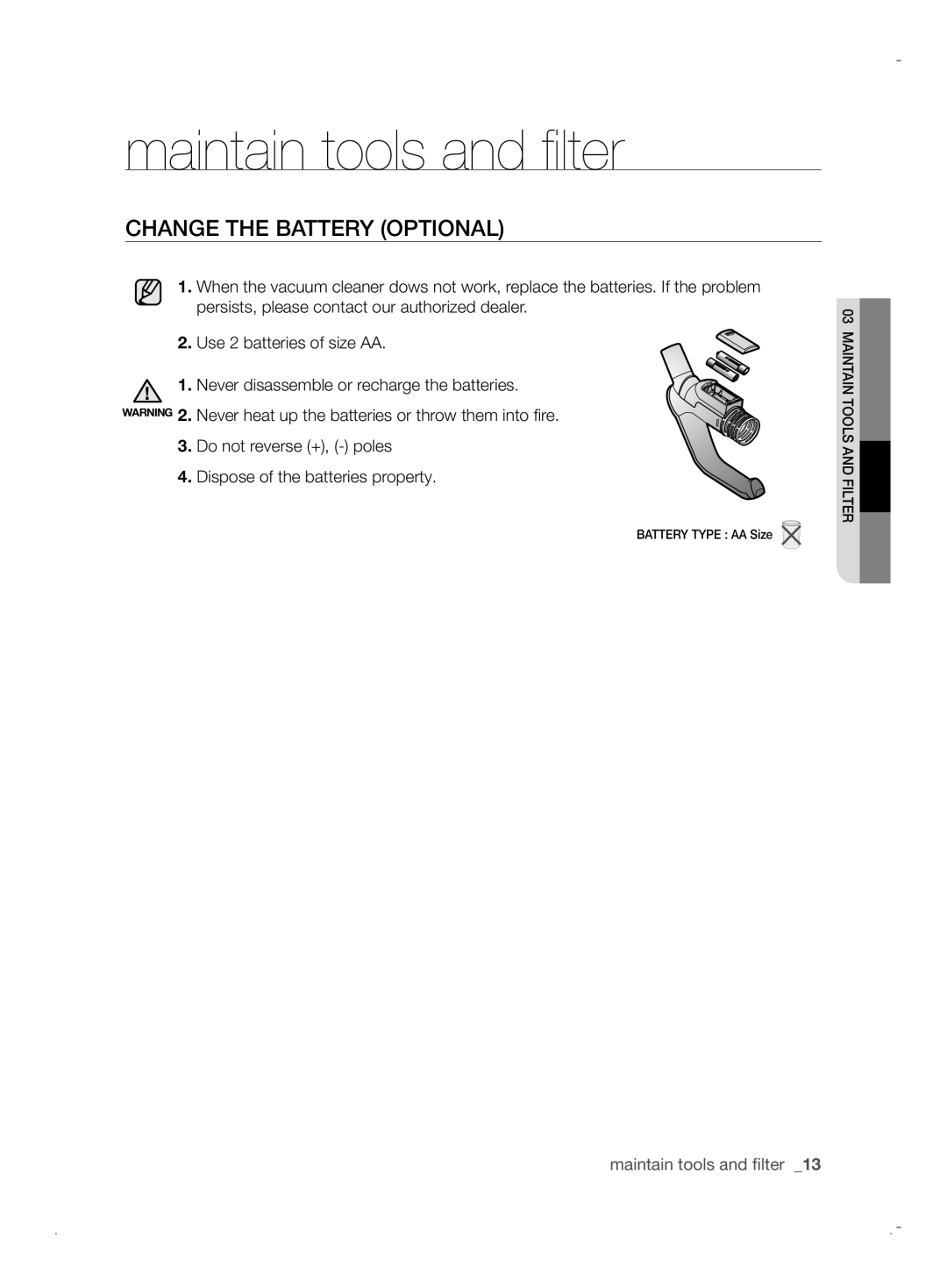 Samsung VCC61B0H3K/BOL, VCC6170V3R/XEH, VCC6170V31/BOL, VCC6171V3R/BOL, VCC6170V31/XEO manual Change the Battery Optional 