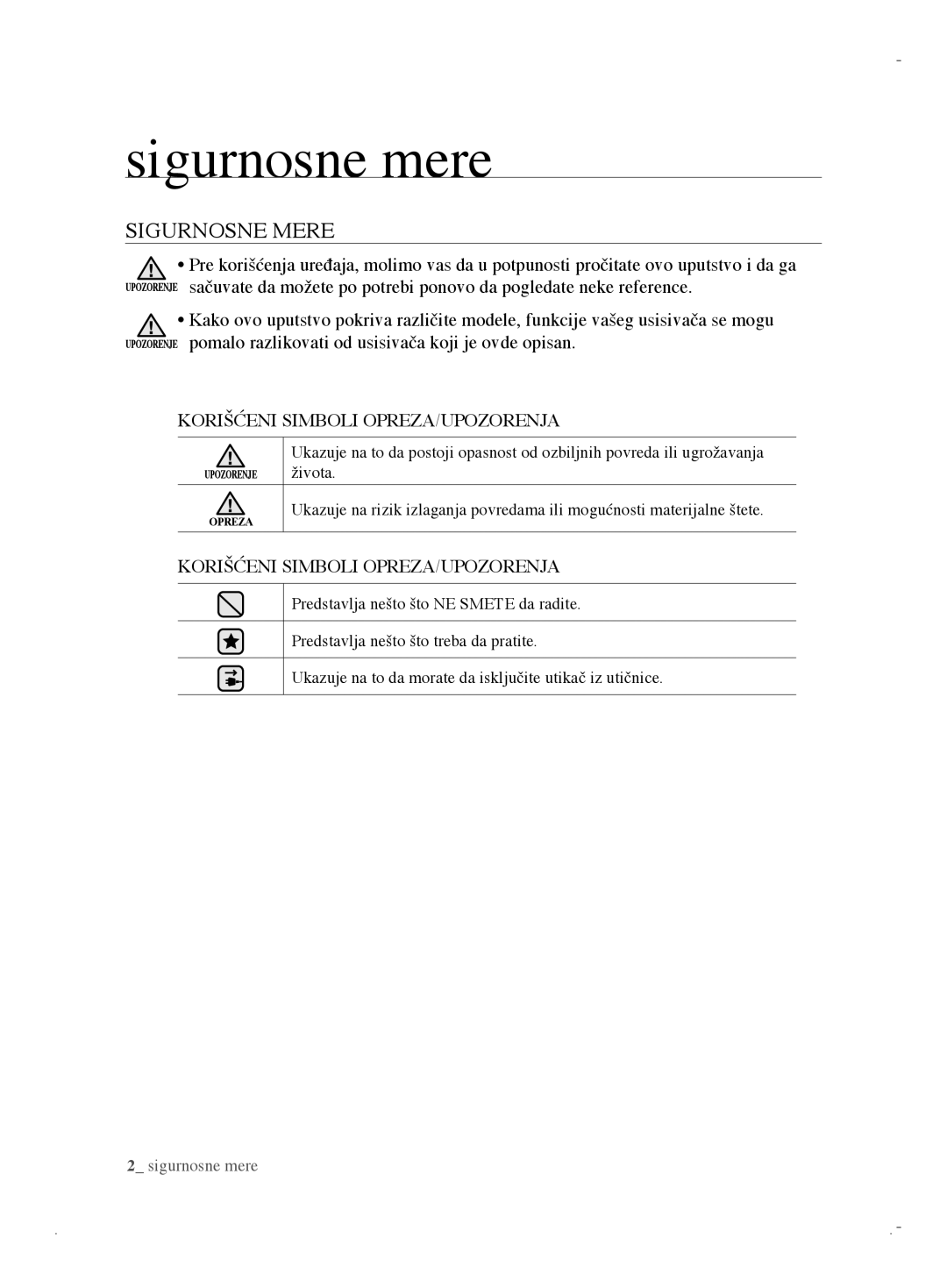 Samsung VCC6170V31/XEO, VCC6170V3R/XEH manual Sigurnosne mere, Sigurnosne Mere, Korišćeni Simboli OPREZA/UPOZORENJA 