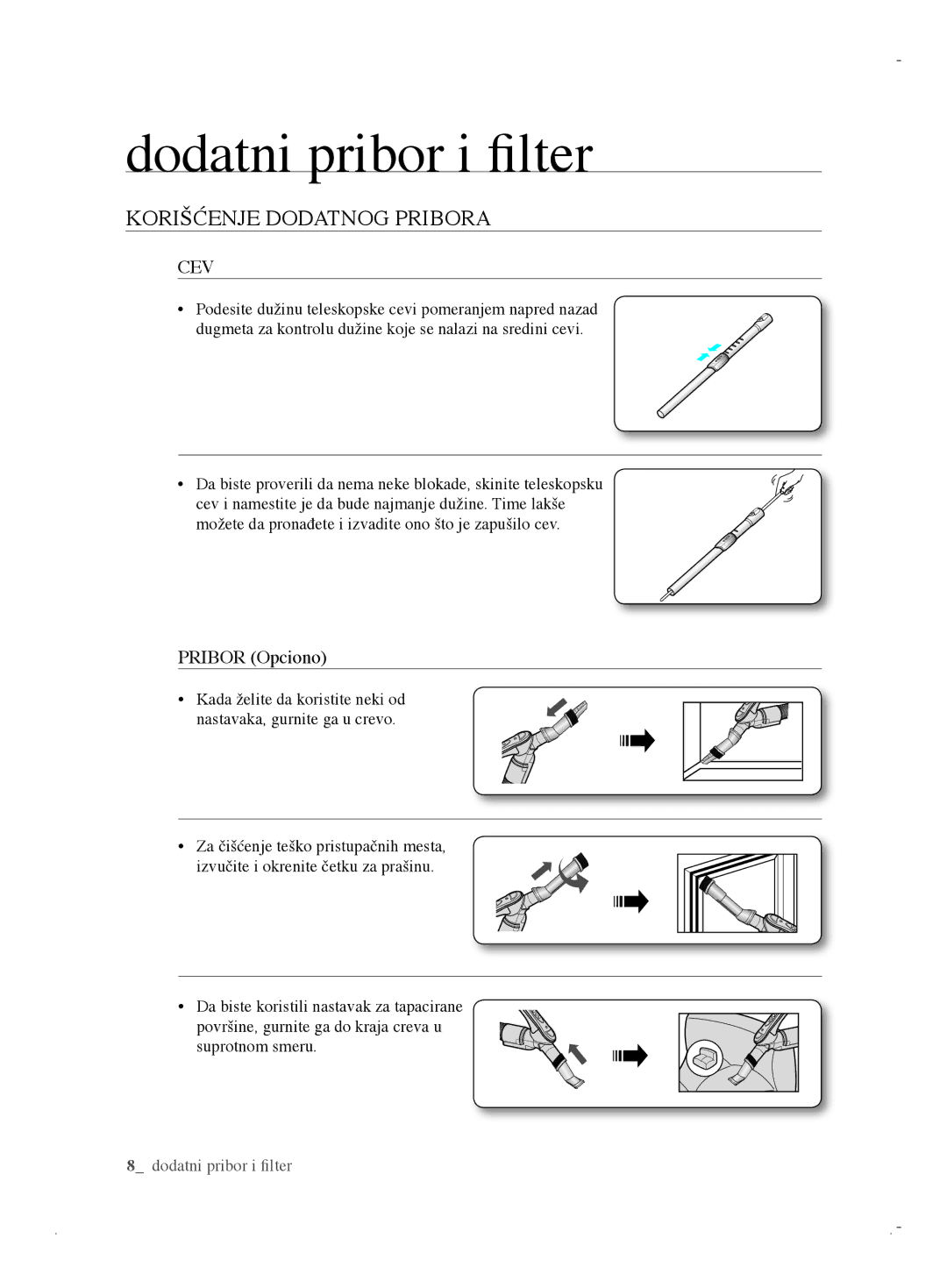 Samsung VCC6170V3R/XEH, VCC61B0H3K/BOL manual Dodatni pribor i ﬁlter, Korišćenje Dodatnog Pribora, Cev, Pribor Opciono 