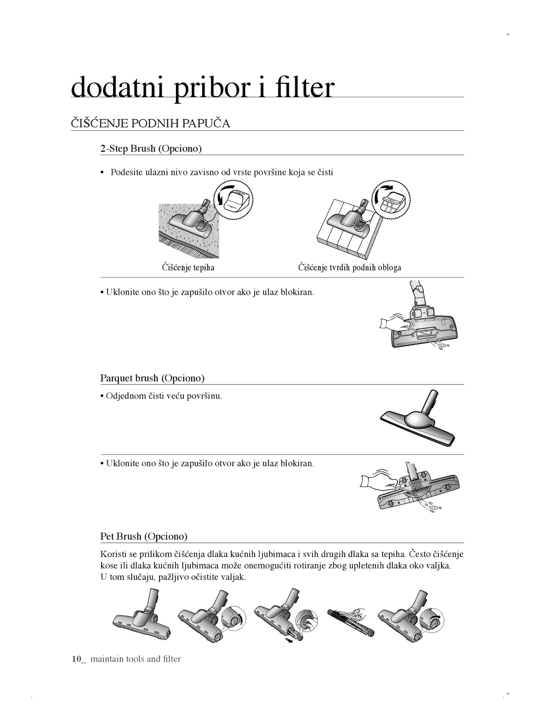 Samsung VCC6170V31/BOL manual Čišćenje Podnih Papuča, Step Brush Opciono, Parquet brush Opciono, Pet Brush Opciono 