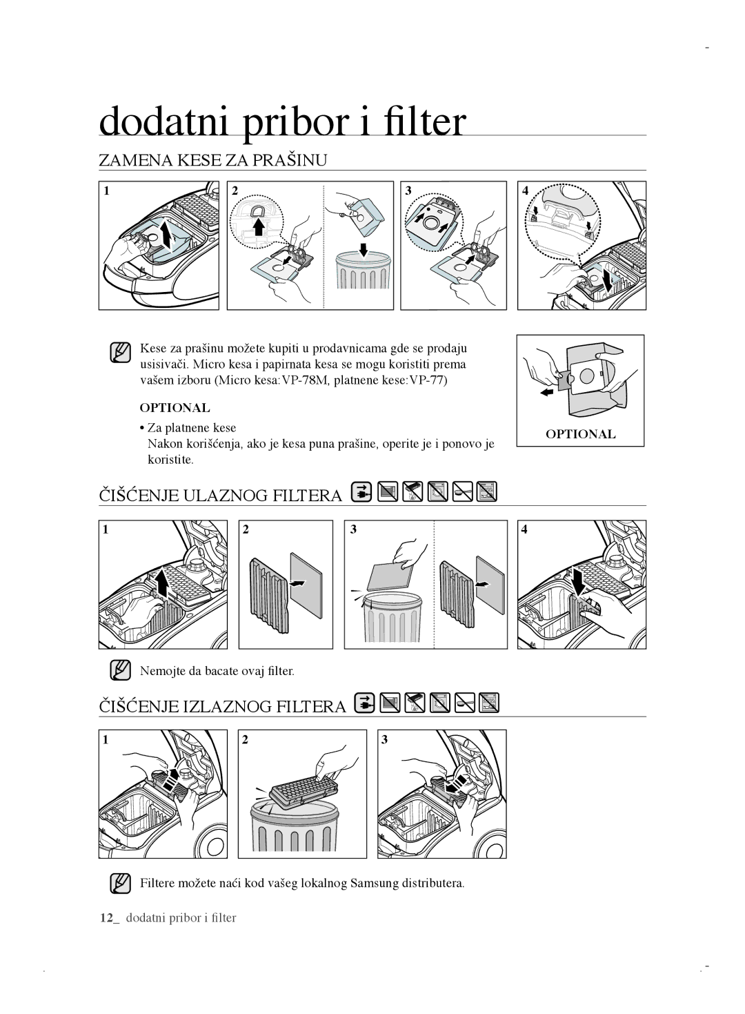 Samsung VCC6170V31/XEO manual Zamena Kese ZA Prašinu, Čišćenje Ulaznog Filtera, Čišćenje Izlaznog Filtera, Optional 