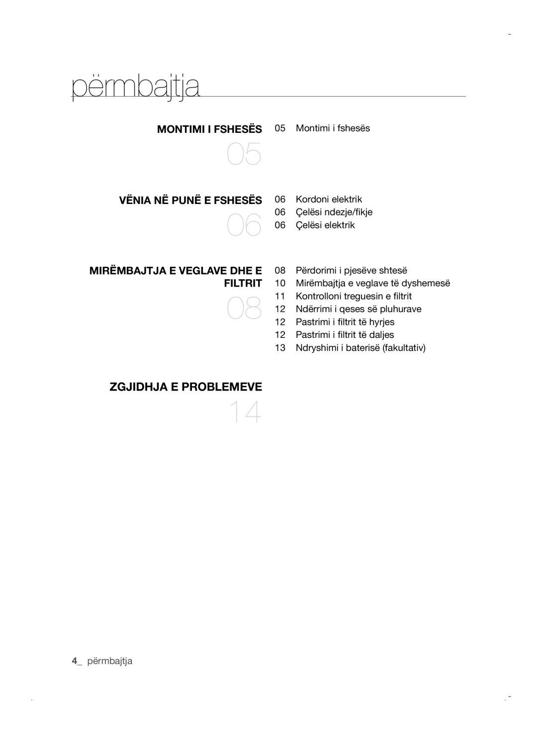 Samsung VCC6171V3R/BOL, VCC6170V3R/XEH, VCC61B0H3K/BOL, VCC6170V31/BOL, VCC6170V31/XEO manual Përmbajtja, Filtrit 