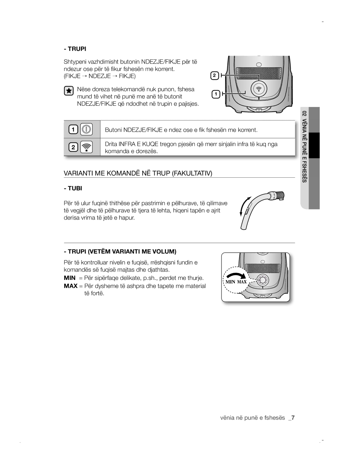 Samsung VCC61B0H3K/BOL, VCC6170V3R/XEH manual Varianti ME Komandë NË Trup Fakultativ, Trupi Vetëm Varianti ME Volum 