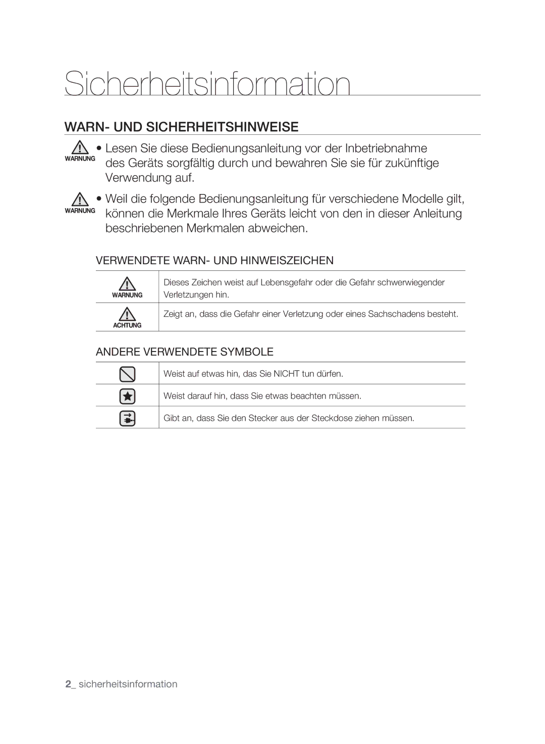 Samsung VCC6170V3R/XEG, VCC6170V3R/XEH, VCC61H0H3A/XEG manual Sicherheitsinformation, WARN- UND Sicherheitshinweise 