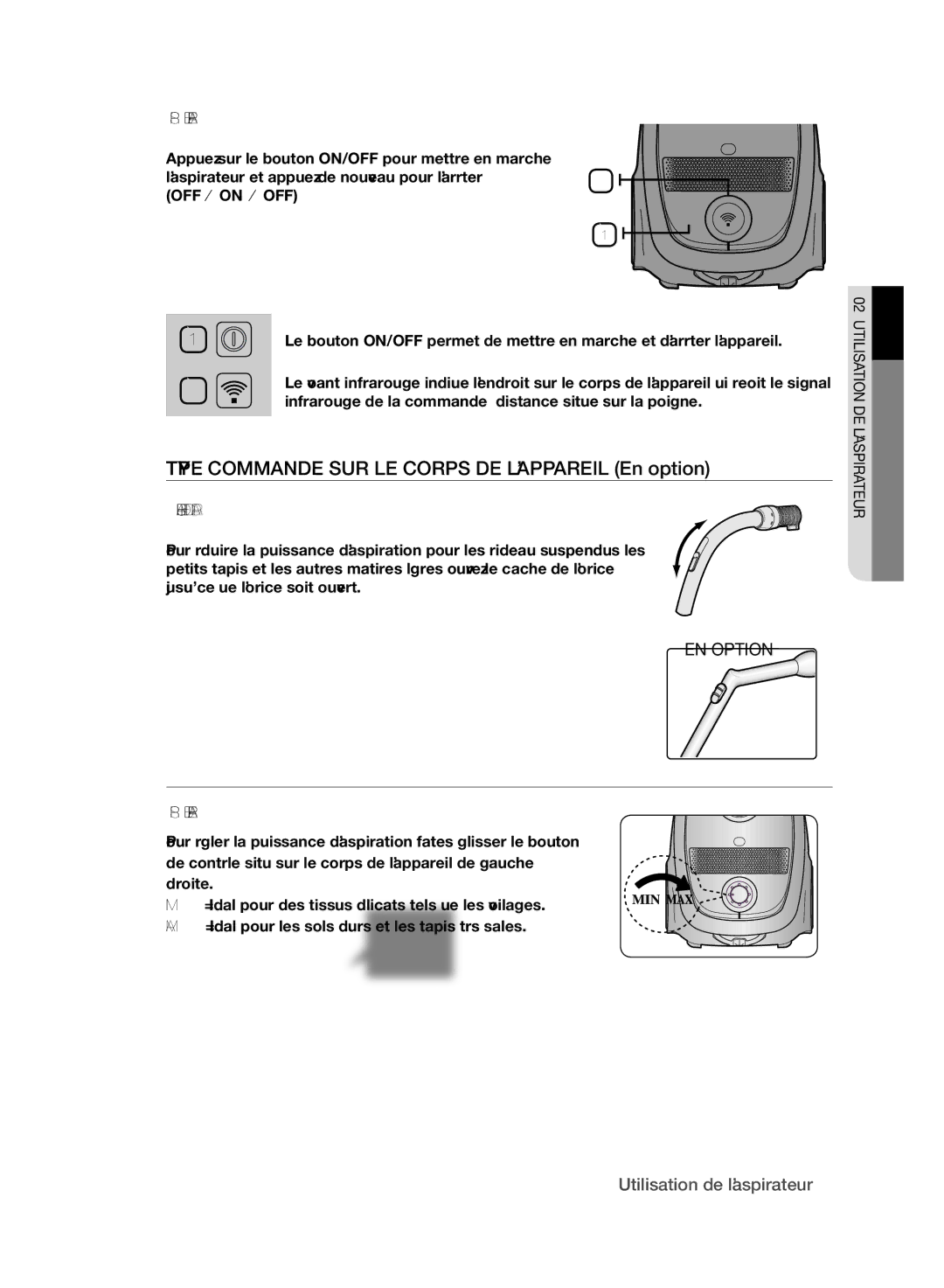 Samsung VCC6170V3R/XEG, VCC6170V3R/XEH, VCC61H0H3A/XEG manual Type Commande SUR LE Corps DE L’APPAREIL En option 