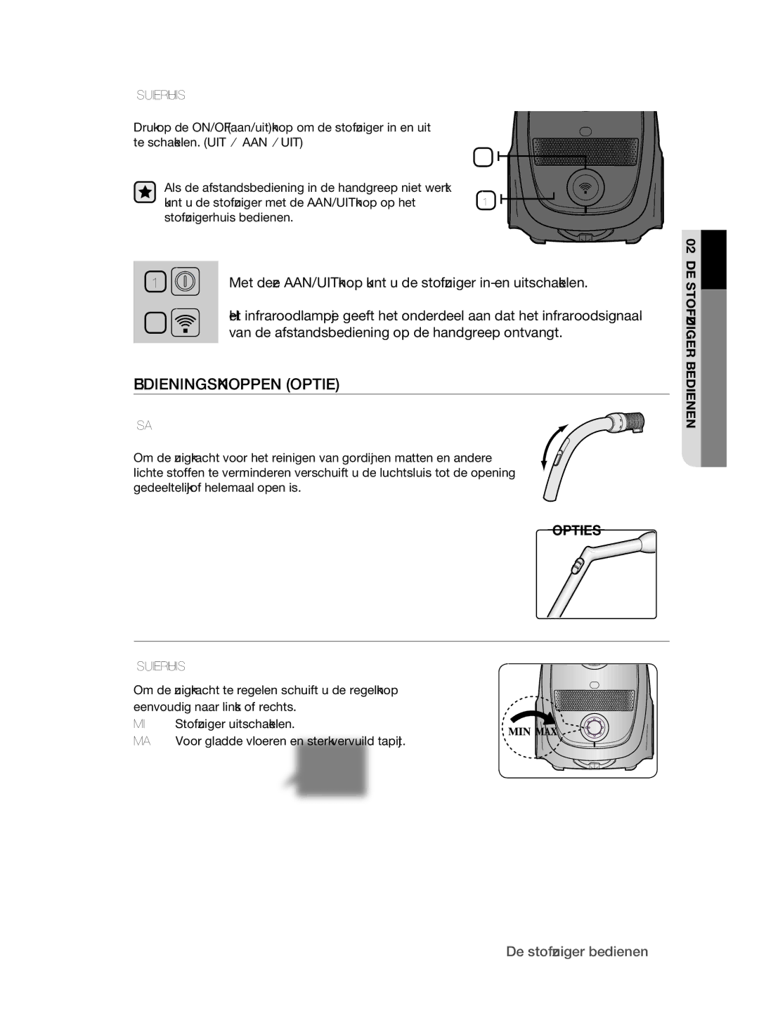 Samsung VCC6170V3R/XEH, VCC61H0H3A/XEG, VCC6170V3R/XEG manual Bedieningsknoppen OPTie, STOFZUiGeRHUis 