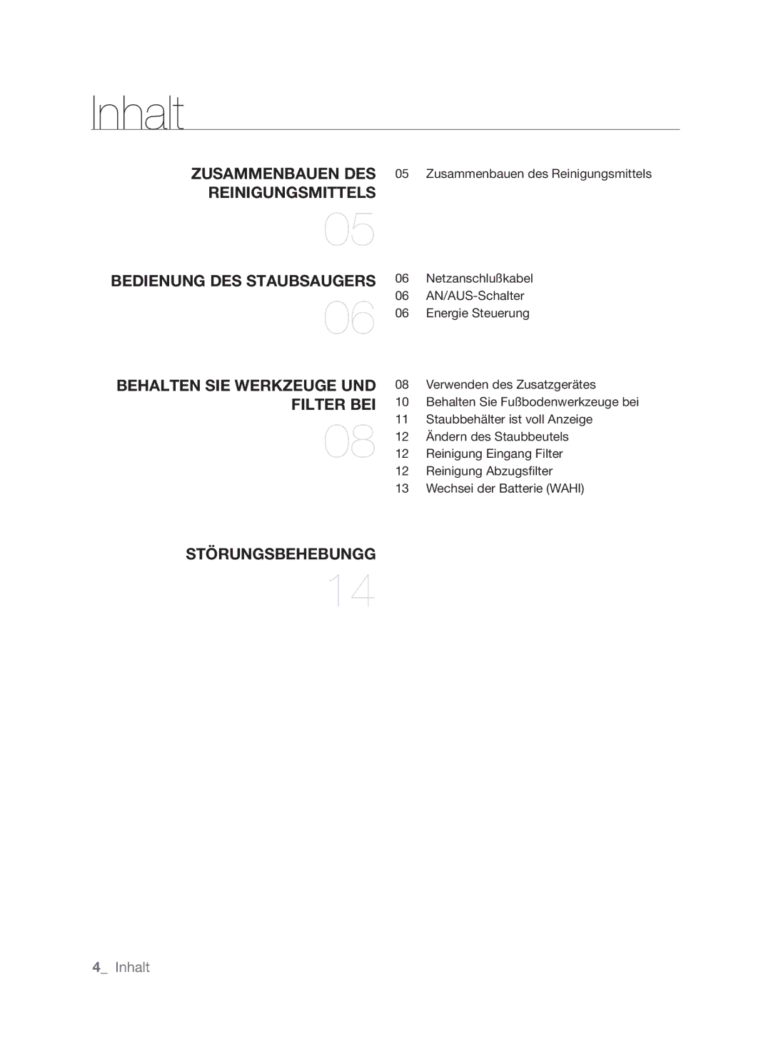 Samsung VCC61H0H3A/XEG, VCC6170V3R/XEH, VCC6170V3R/XEG manual Inhalt, FilTeR bei 