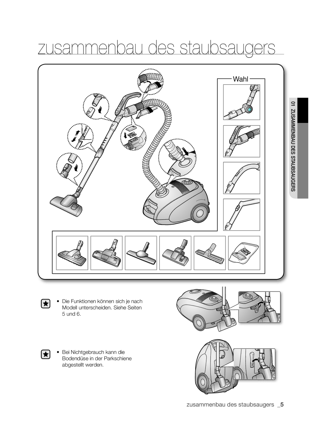 Samsung VCC6170V3R/XEG, VCC6170V3R/XEH, VCC61H0H3A/XEG manual Zusammenbau des staubsaugers 