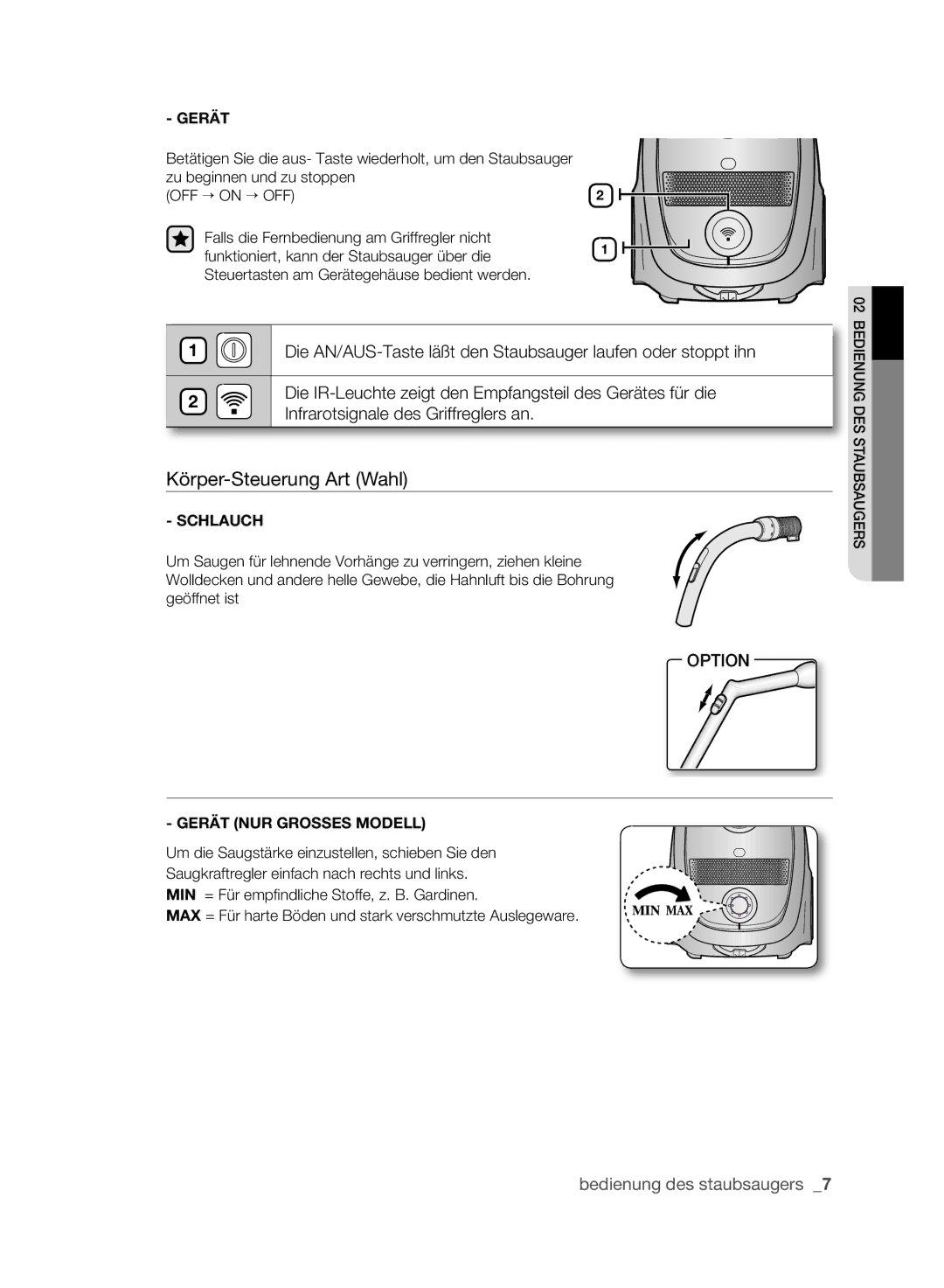 Samsung VCC61H0H3A/XEG, VCC6170V3R/XEH, VCC6170V3R/XEG manual Körper-Steuerung Art Wahl, Gerät 