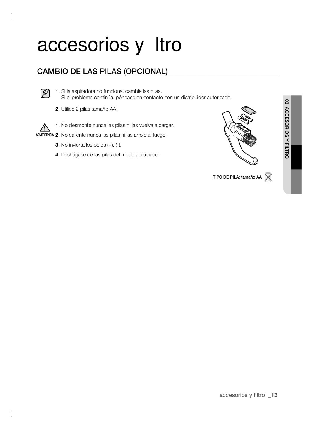 Samsung VCC61E0V3G/BOL, VCC61E0V33/XEC manual Cambio de las pilas opcional 