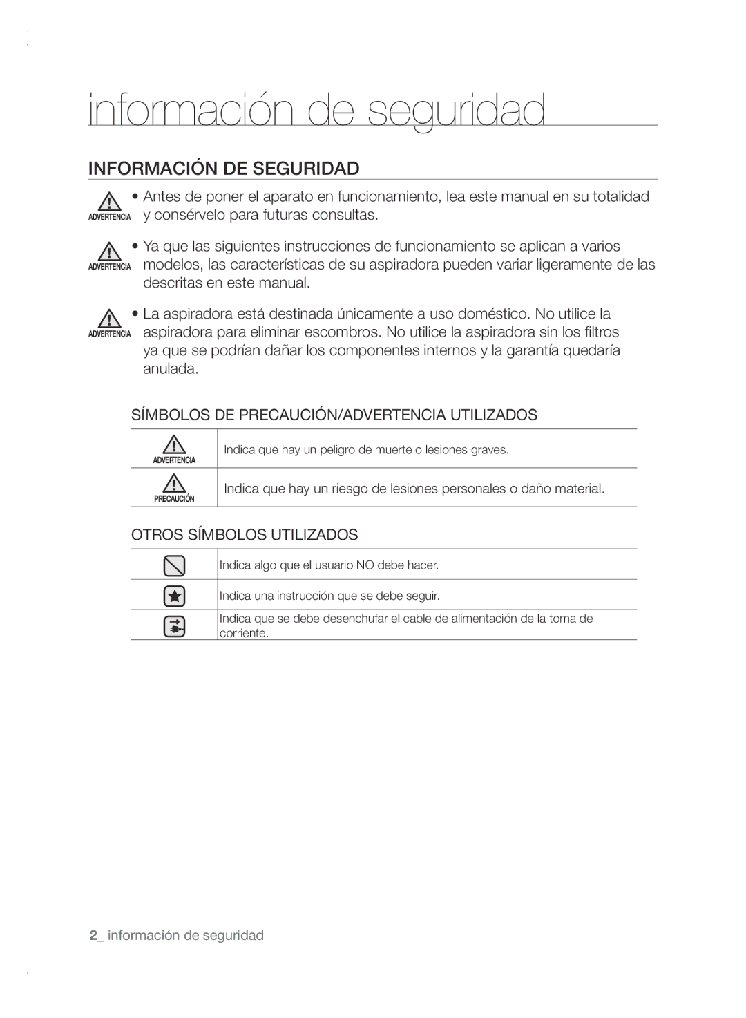 Samsung VCC61E0V33/XEC Información de seguridad, Información DE Seguridad, Símbolos DE PRECAUCIÓN/ADVERTENCIA Utilizados 