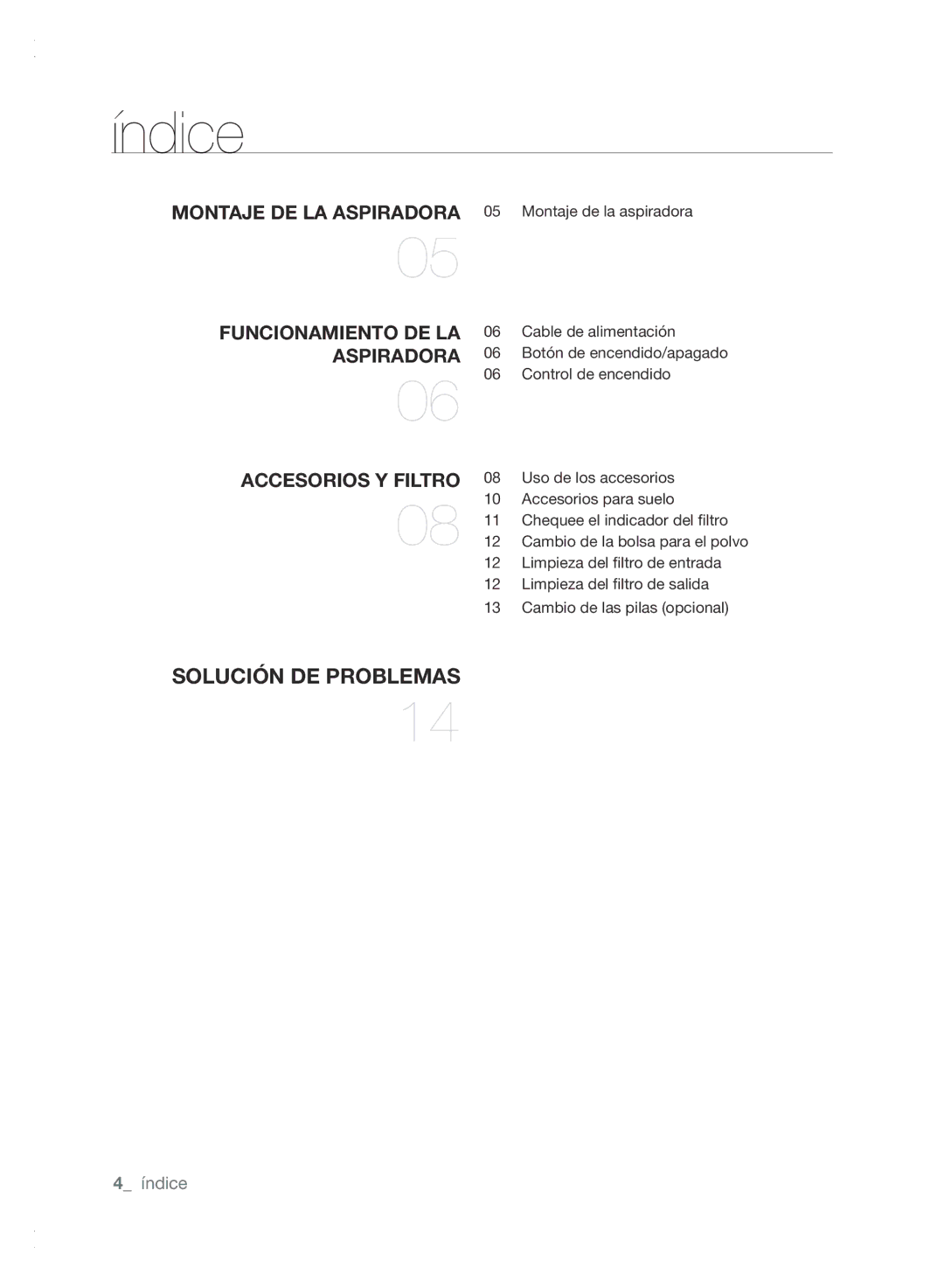 Samsung VCC61E0V33/XEC, VCC61E0V3G/BOL manual Índice, Accesorios y filtro 