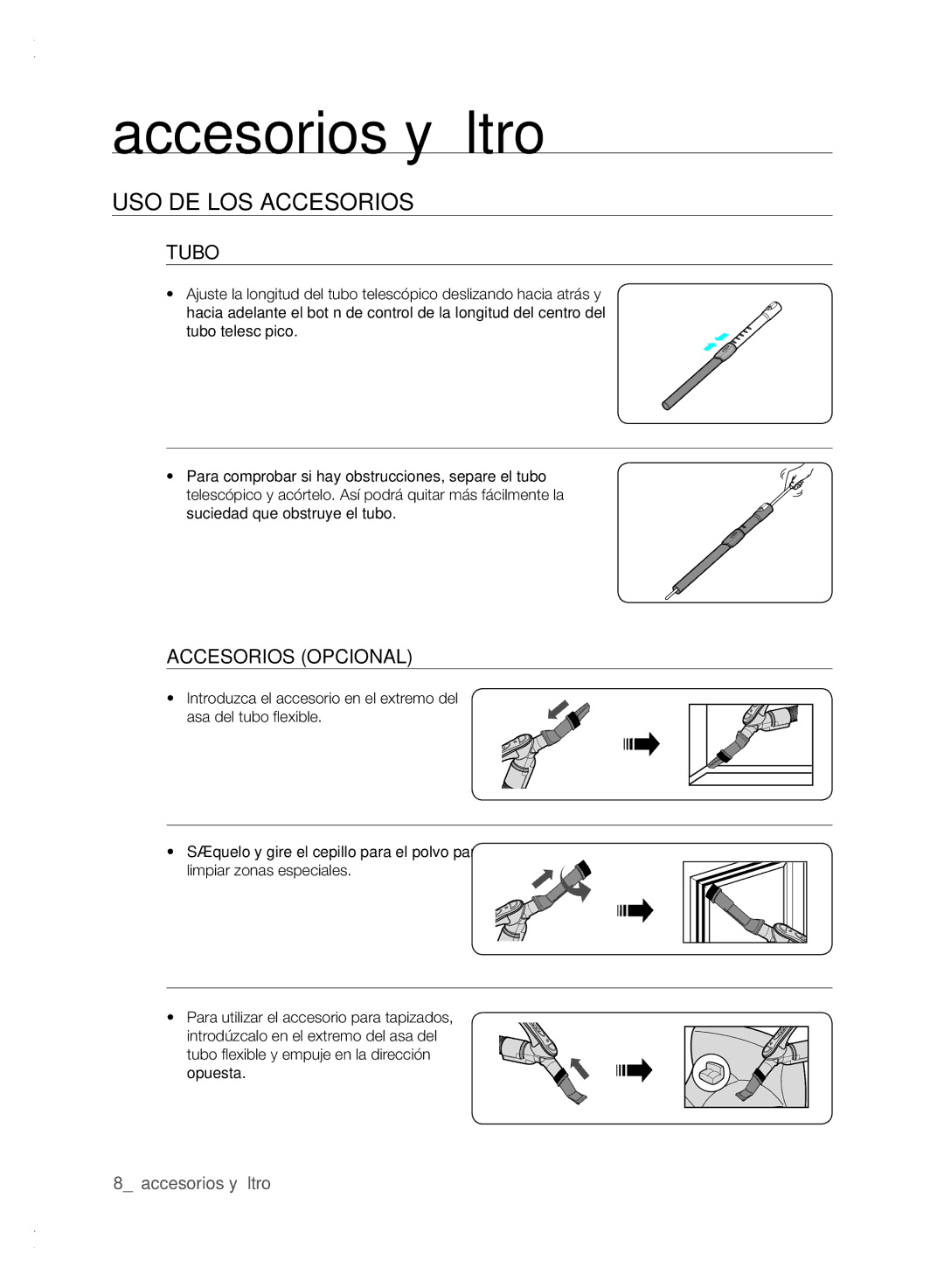 Samsung VCC61E0V33/XEC, VCC61E0V3G/BOL manual Accesorios y filtro, Uso de los accesorios, Tubo, Accesorios Opcional 