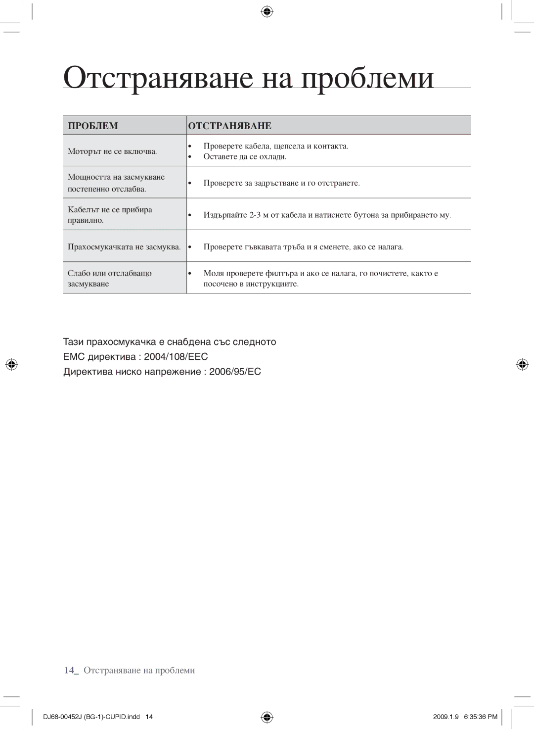 Samsung VCC61E0V3G/XEH, VCC61E0V3B/XEF, VCC61E0V3G/XET, VCC61E0V33/XEC manual Отстраняване на проблеми, Проблем ОтстраняВане 