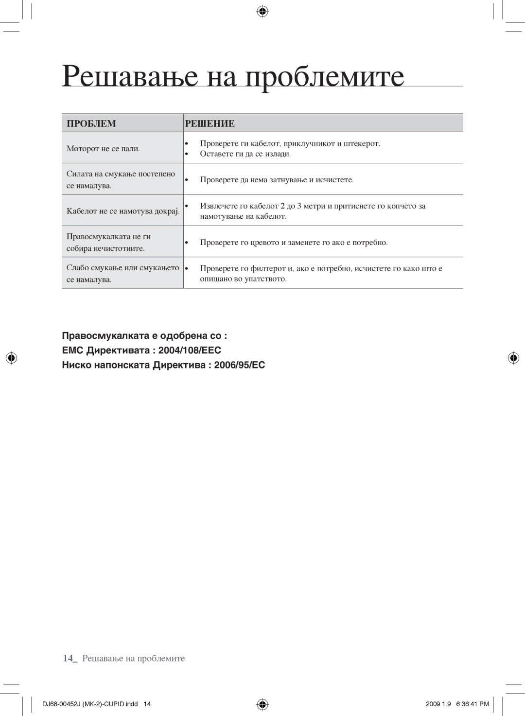 Samsung VCC61E0V3B/XEF, VCC61E0V3G/XET, VCC61E0V33/XEC, VCC61E0V3G/BOL manual Решавање на проблемите, Проблем РеШение 